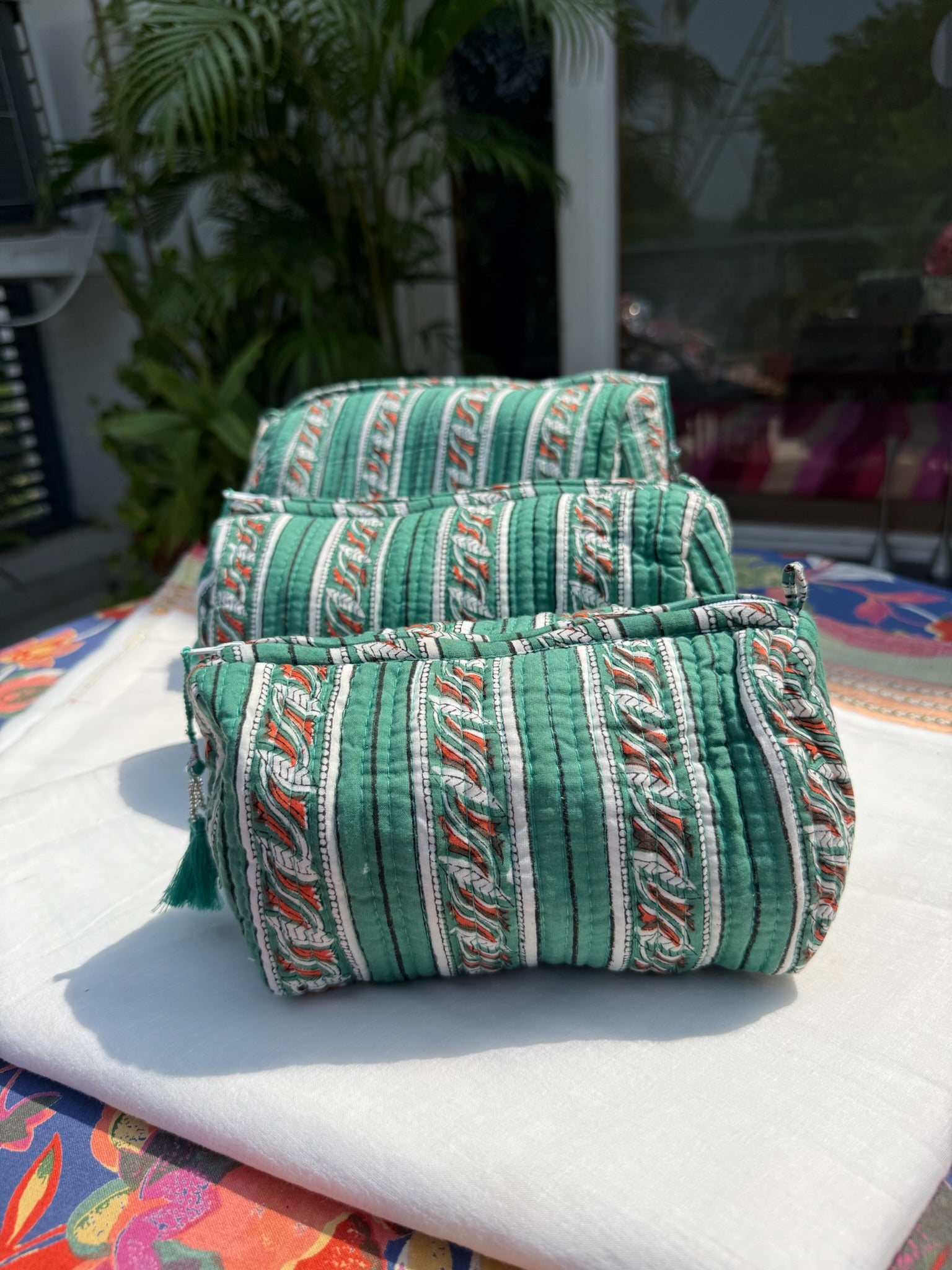 Green Striped Pouch Set of 3