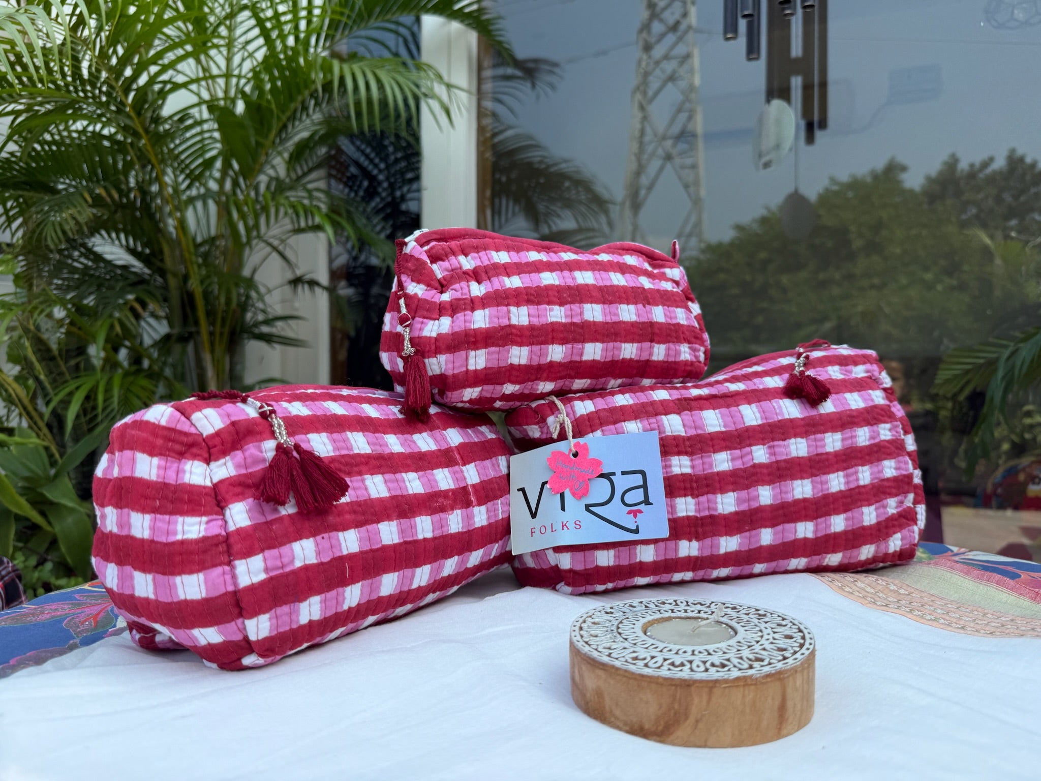 Red and White Checkered Handcrafted Pouch Set of 3