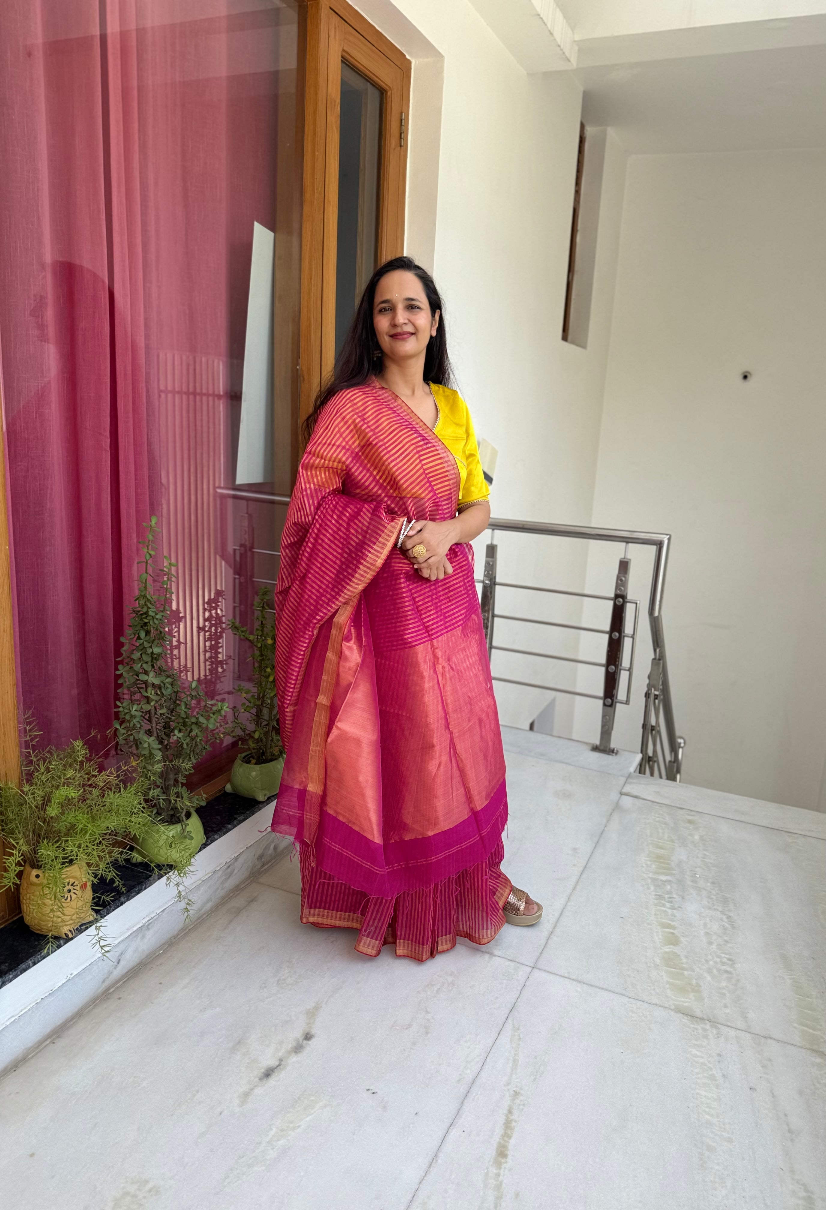 Magenta Pink Maheshwari Silk Saree with Zari Stripe