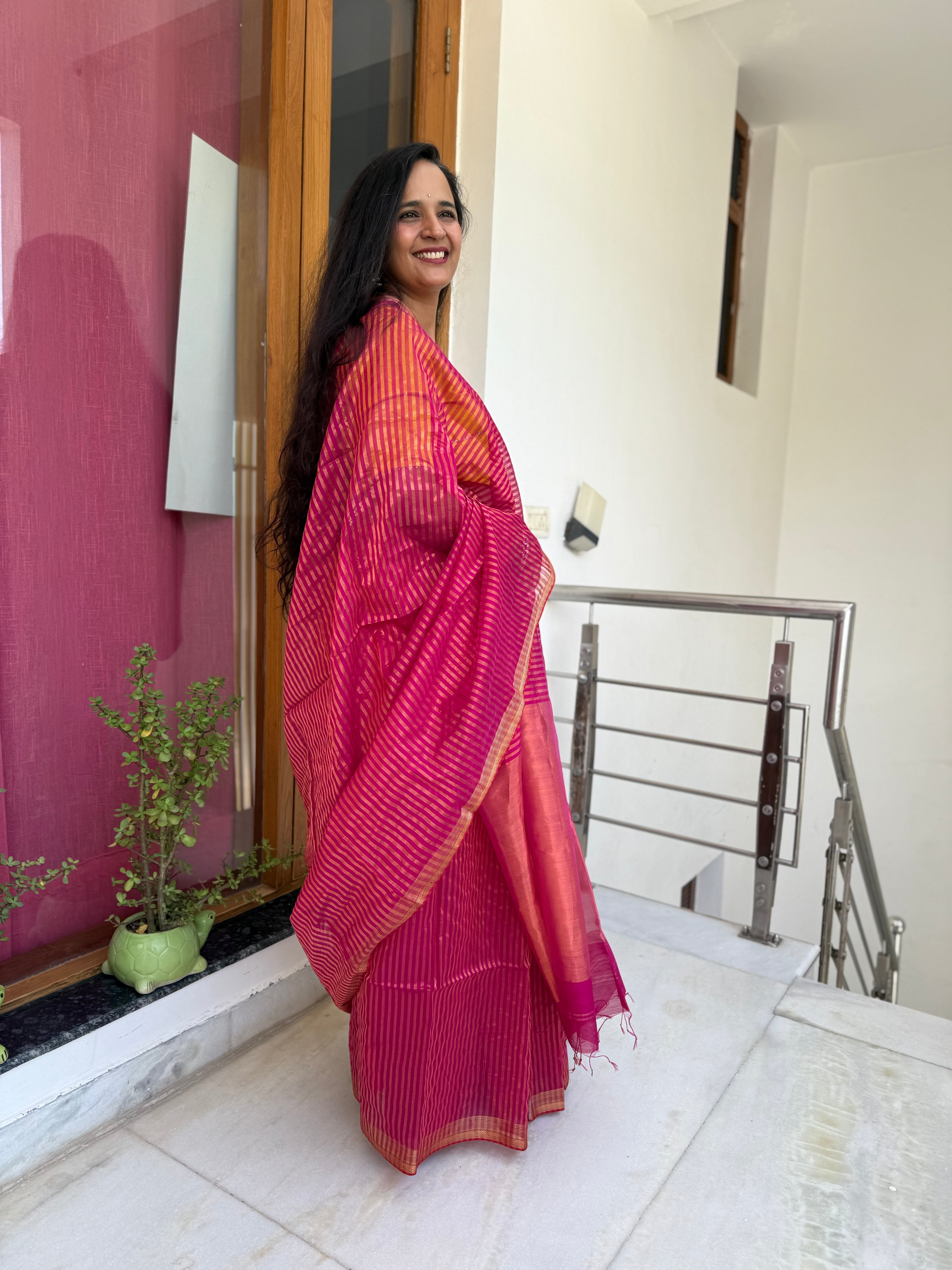 Magenta Pink Maheshwari Silk Saree with Zari Stripe