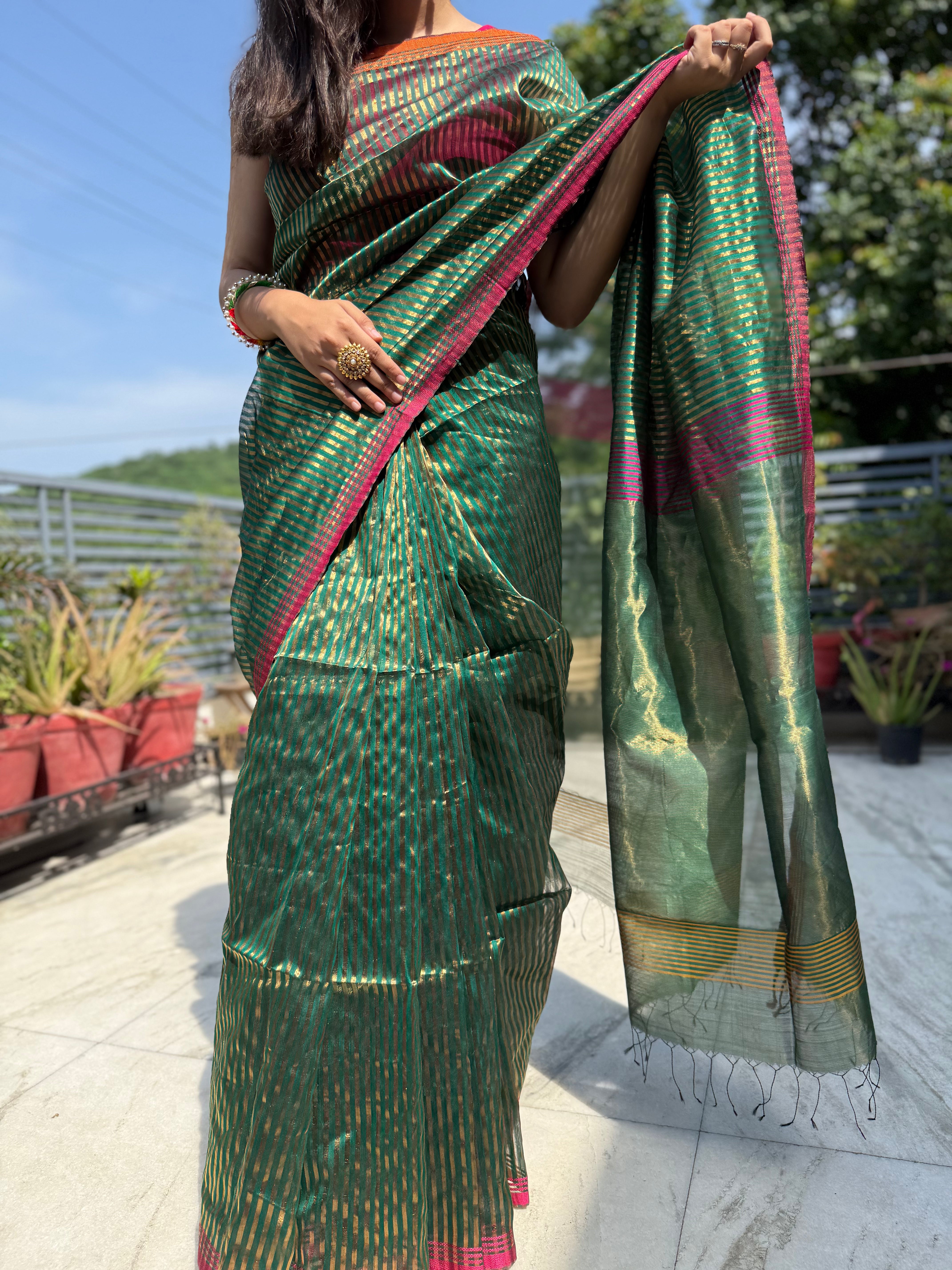 Green Maheshwari Silk Saree with Zari Stripe and Tissue Palla