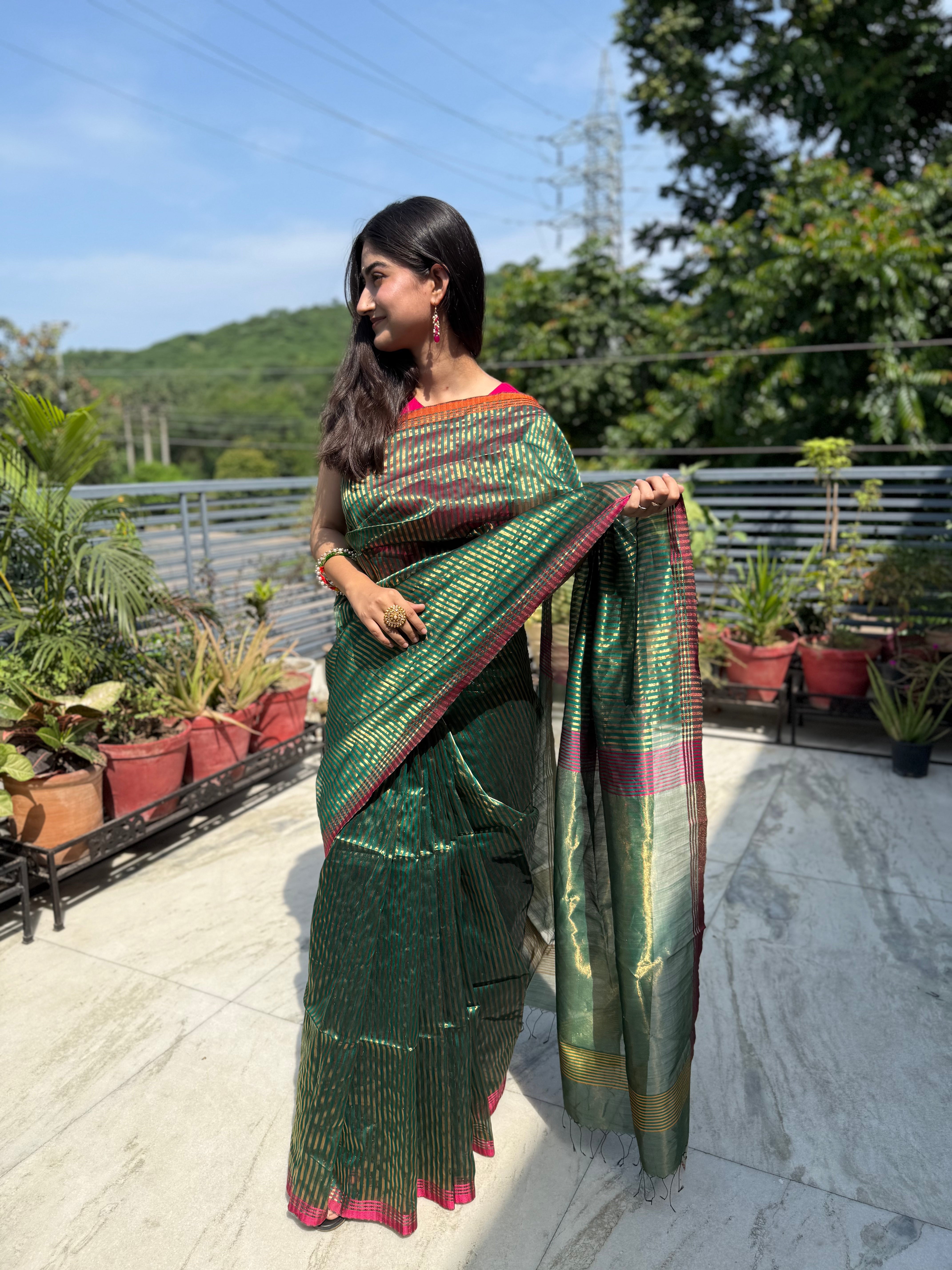 Green Maheshwari Silk Saree with Zari Stripe and Tissue Palla