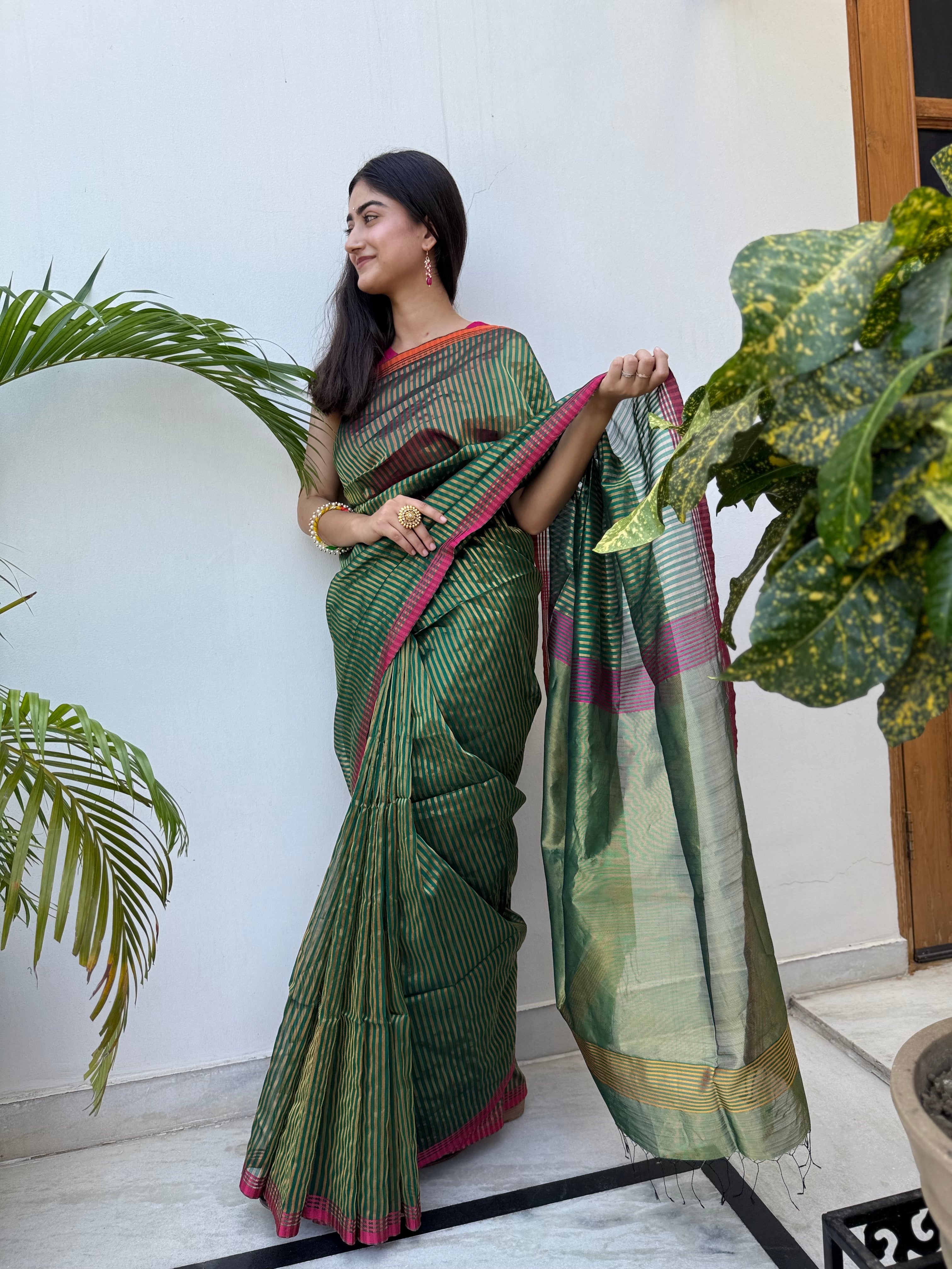 Green Maheshwari Silk Saree with Zari Stripe and Tissue Palla