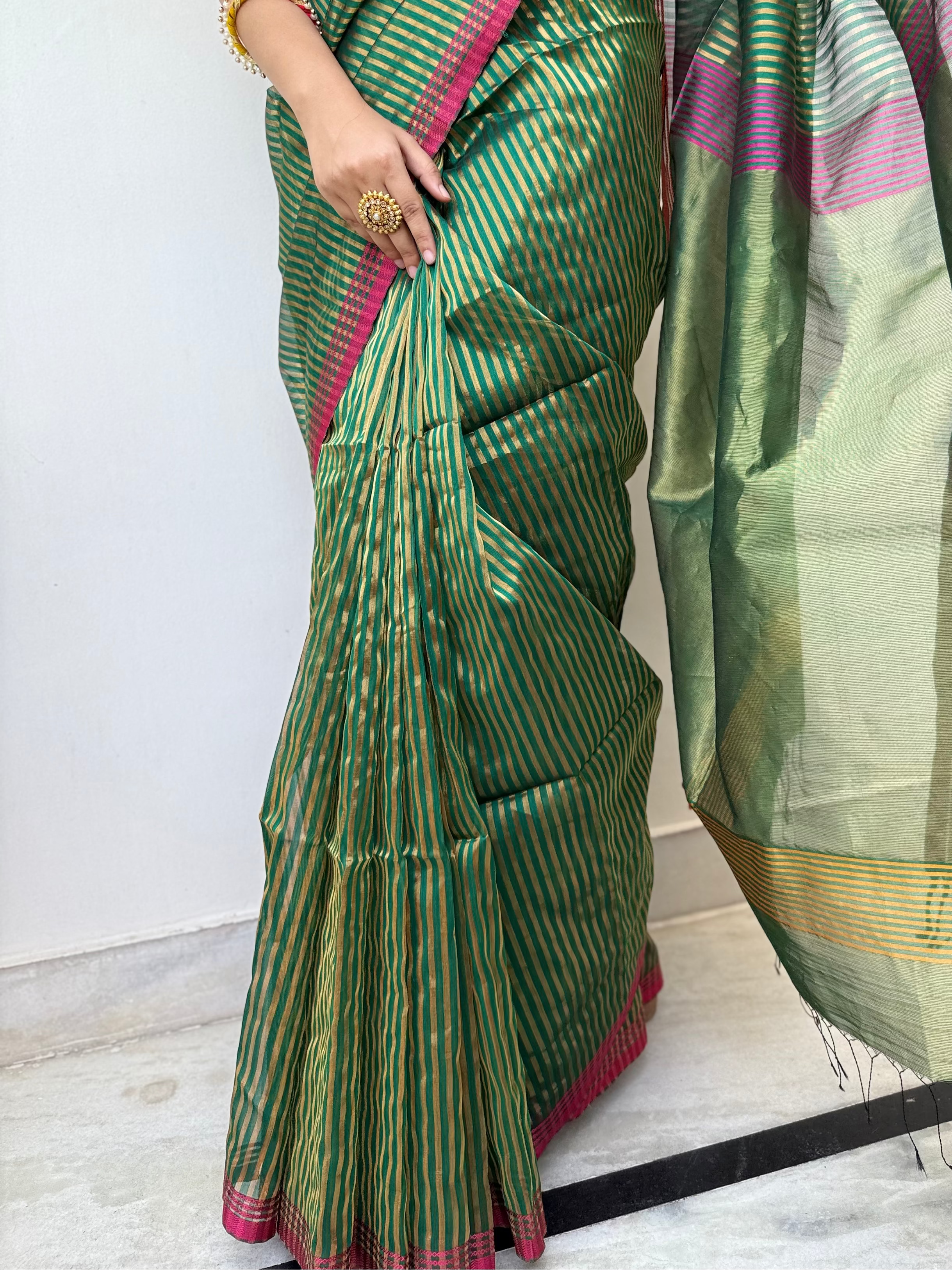Green Maheshwari Silk Saree with Zari Stripe and Tissue Palla