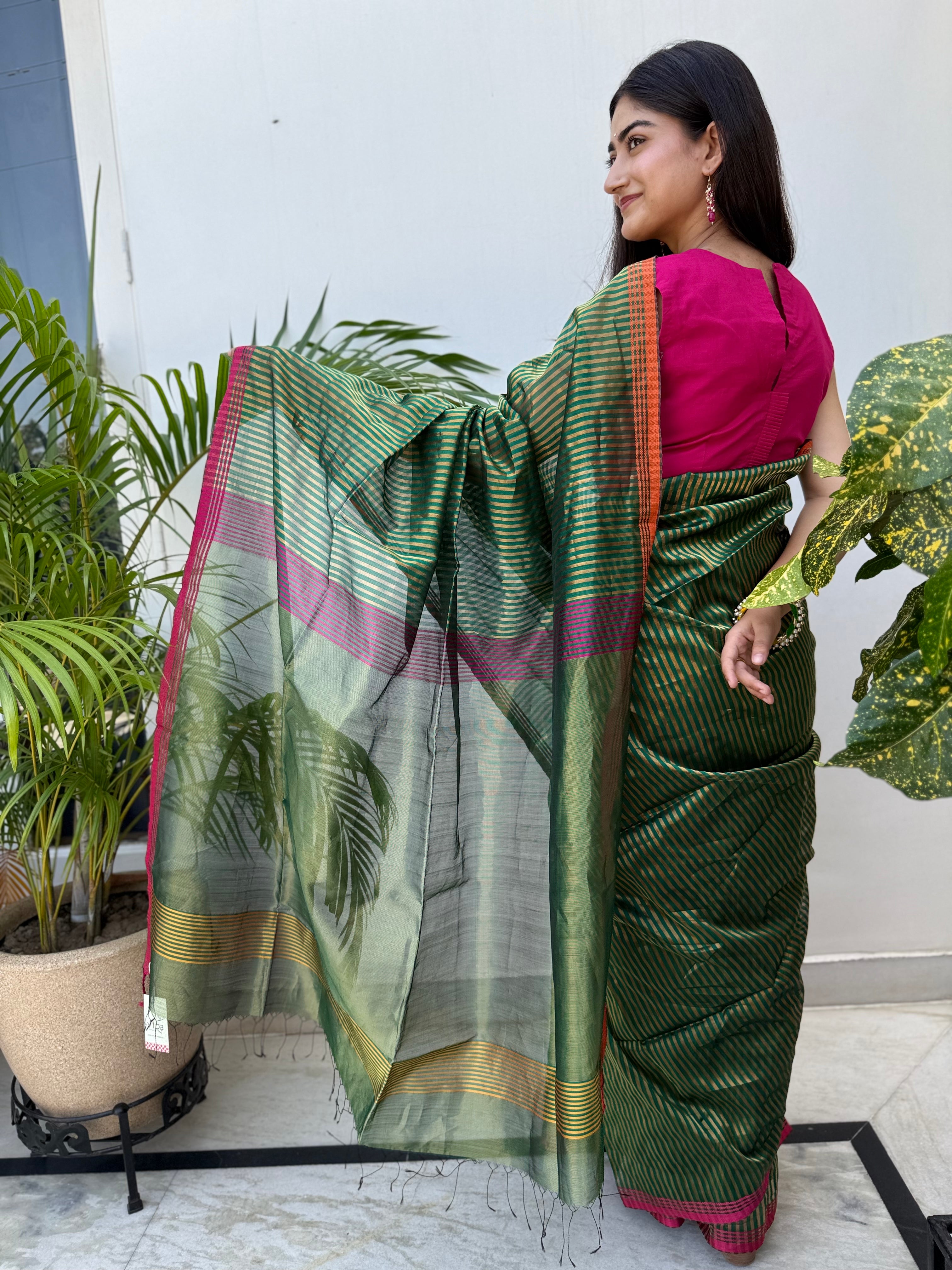 Green Maheshwari Silk Saree with Zari Stripe and Tissue Palla