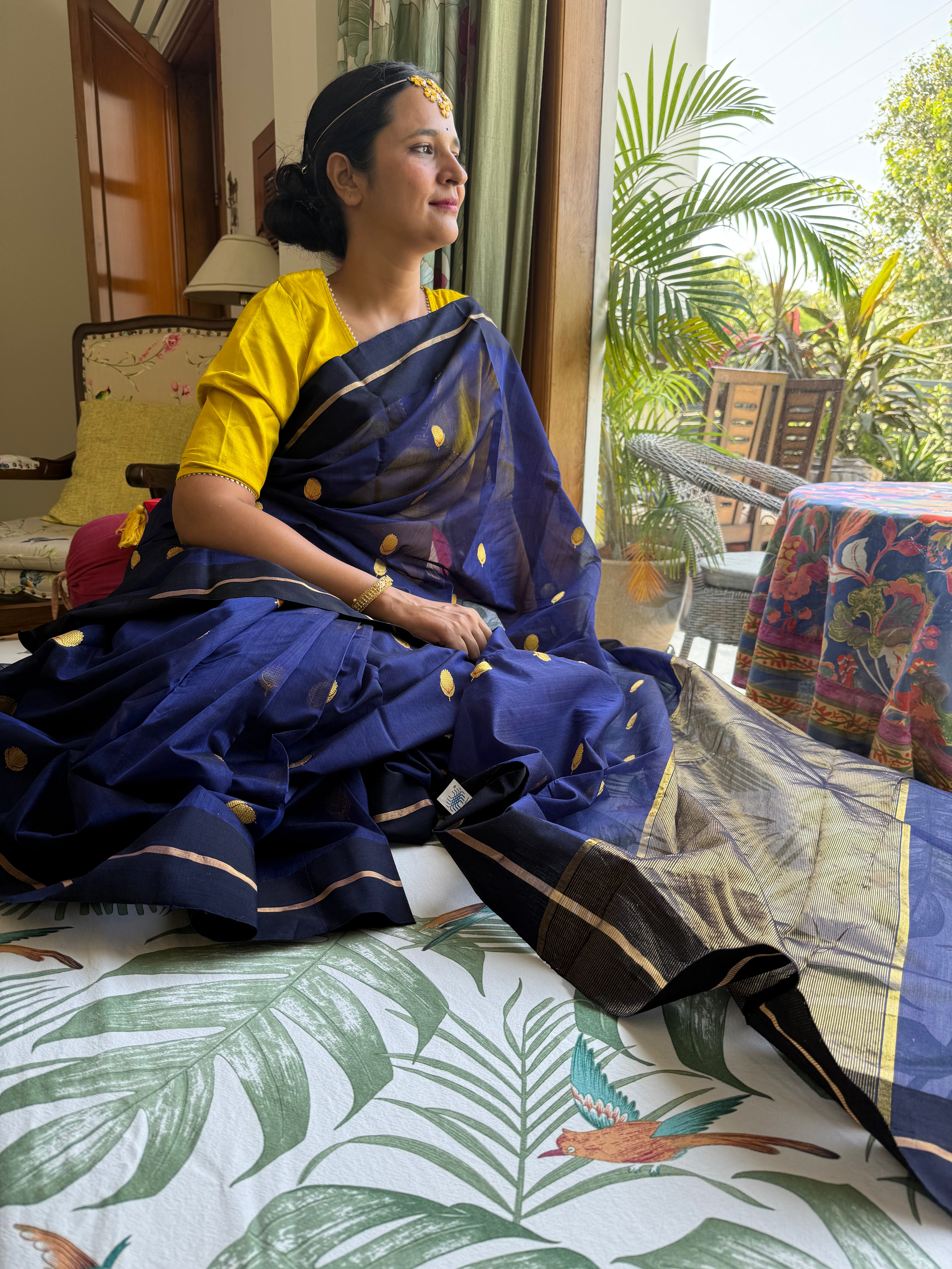 Royal Blue Pure Chanderi Silk Saree with Handwoven Golden Zari Buti