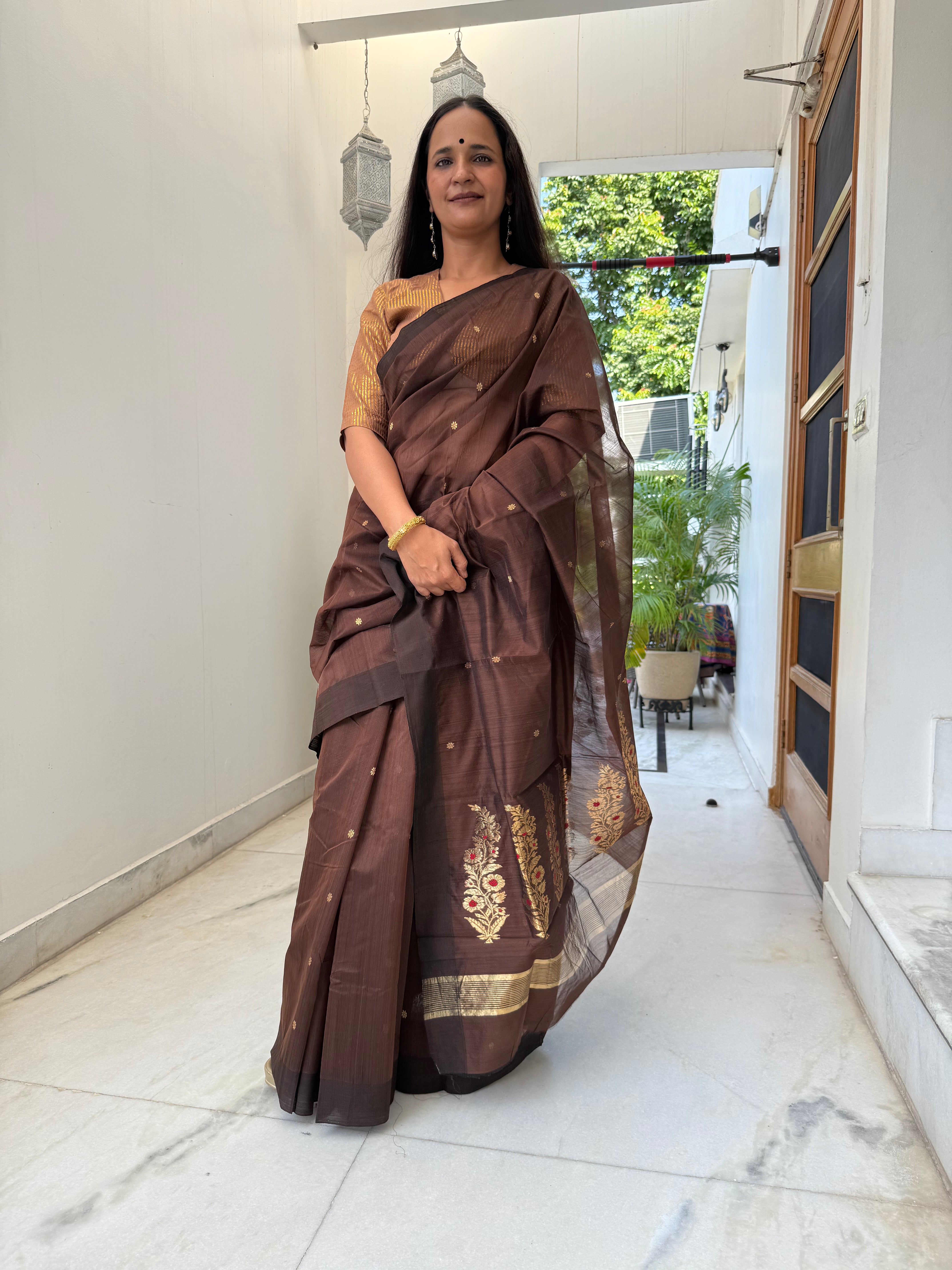 Brown and Golden Chanderi Cotton Silk Saree