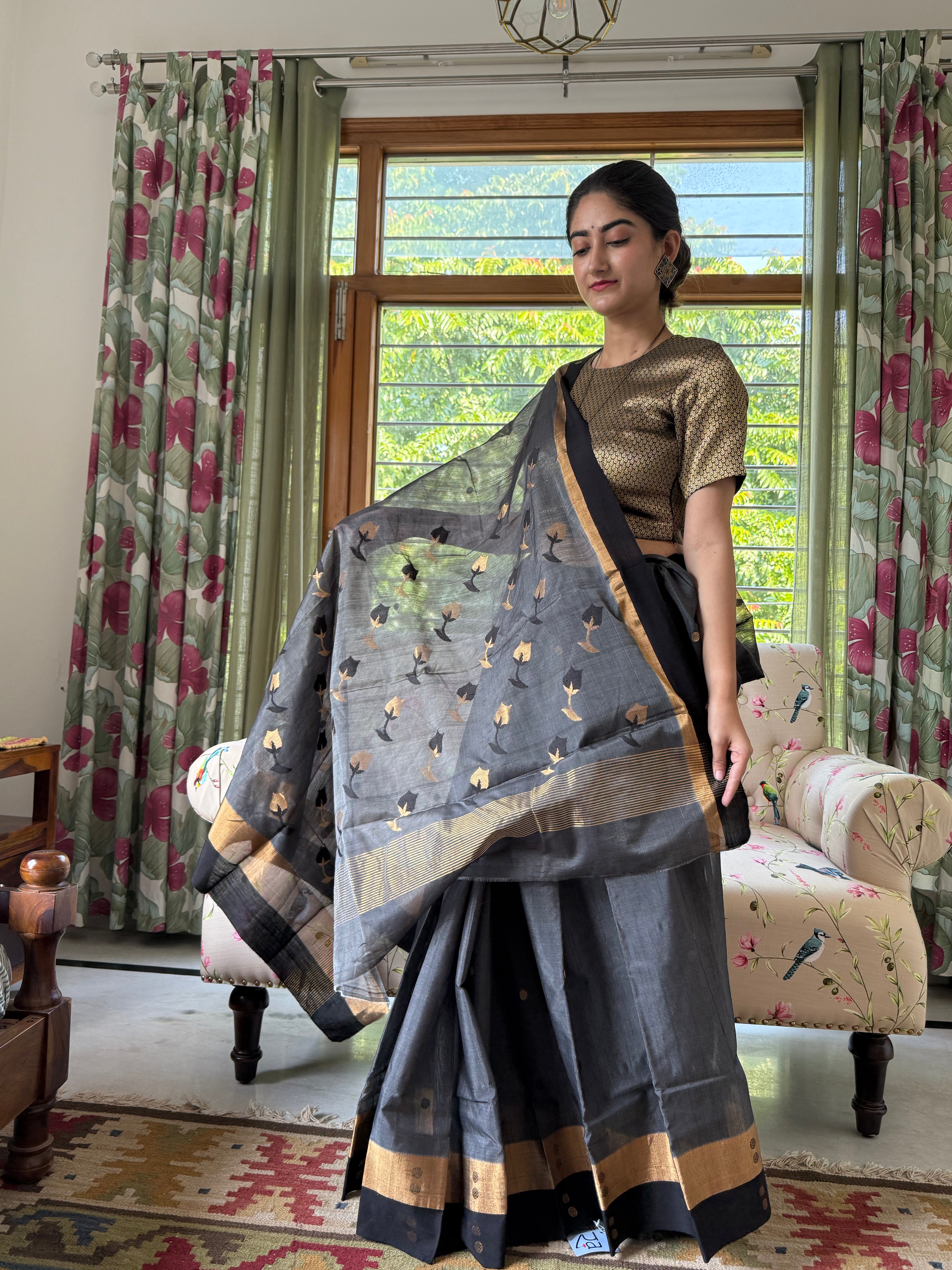 Grey Pure Silk Chanderi Saree with Golden Zari Border and Handwoven Buti