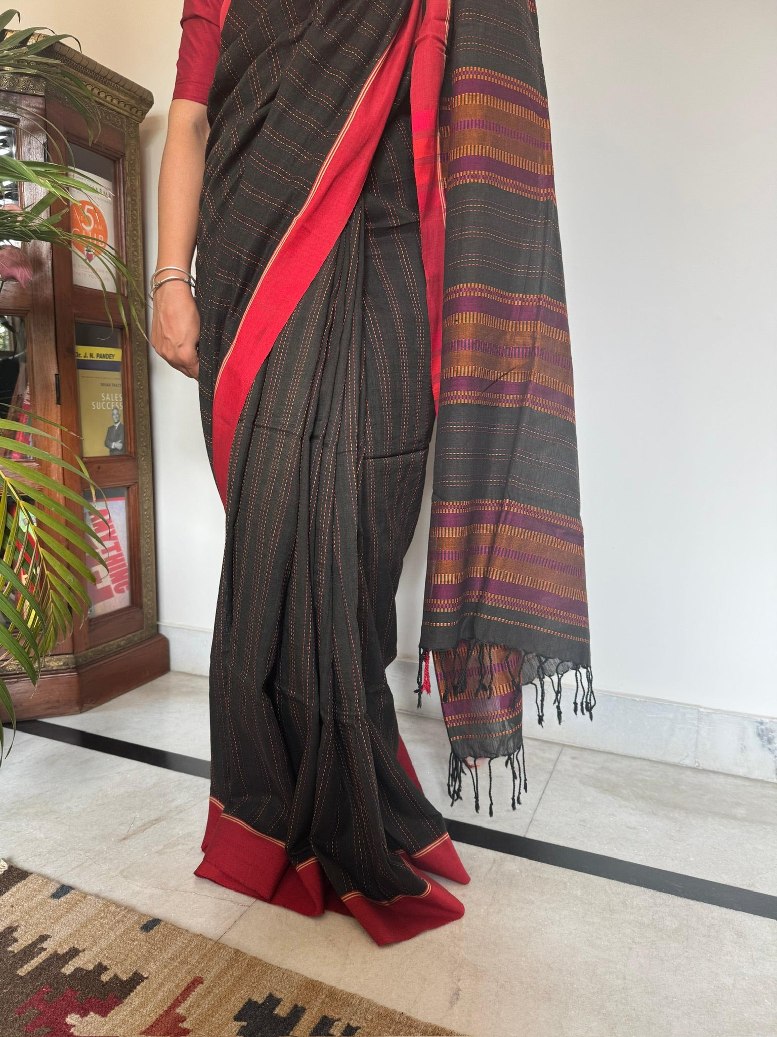 Elegant Charcoal Black With Thin White Pinstripes Cotton Saree With Red Border And Woven Pallu