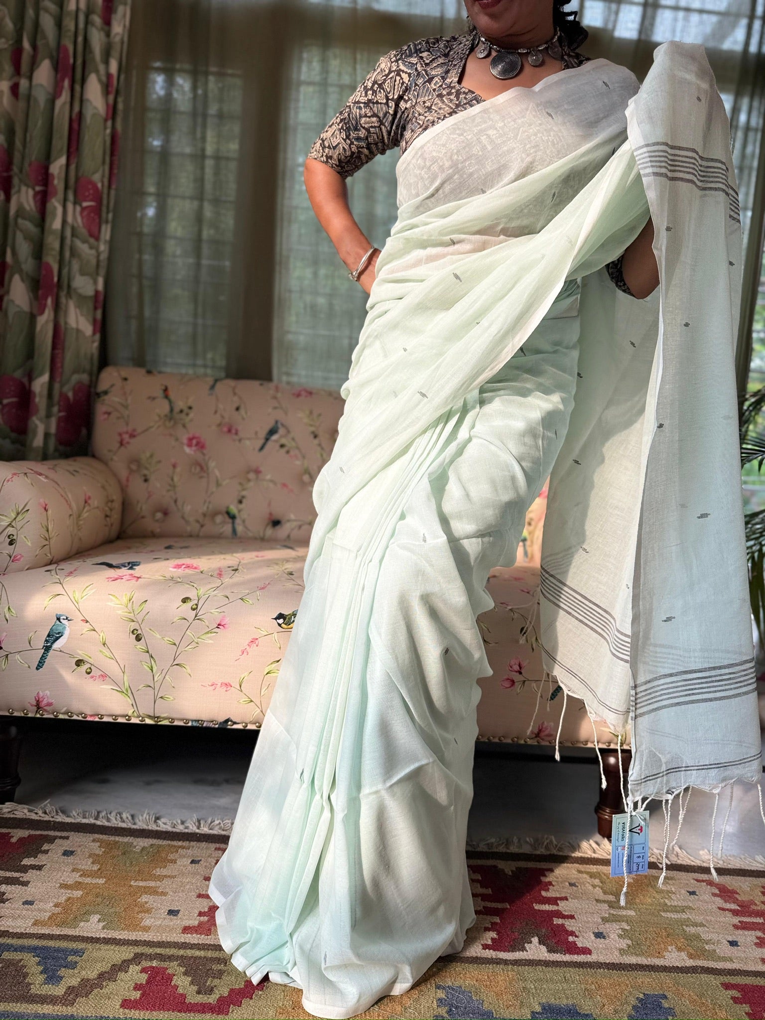 Mint Whisper With Silver Lines Pure Cotton Jamdani Saree