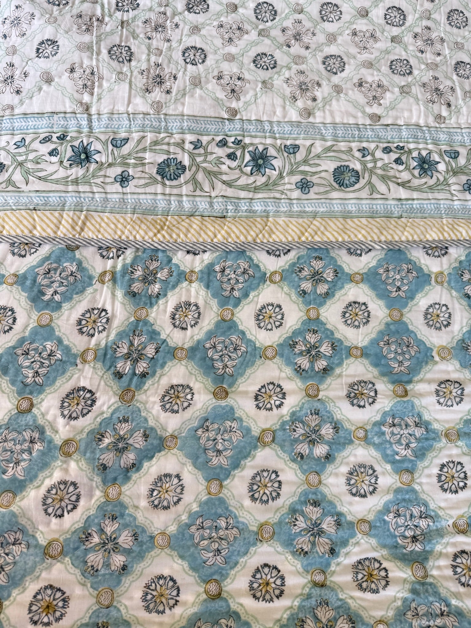 Hand Block Printed Off White & Blue Pure Soft Cotton Quilt with Cotton Filling