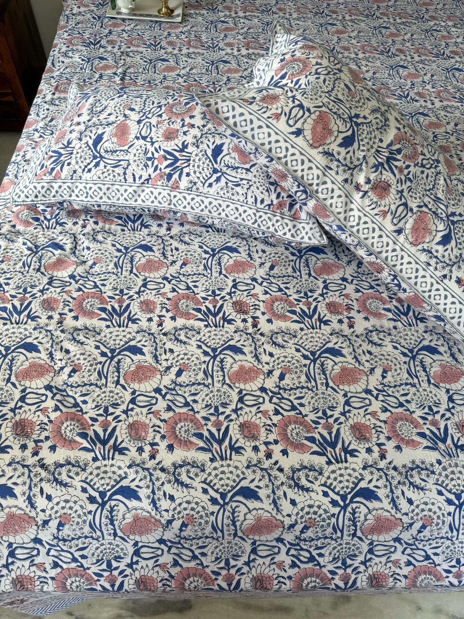 Hand Block Printed Blue & White Floral Cotton Bedsheet with Geometric Pattern (with Pillow Covers)