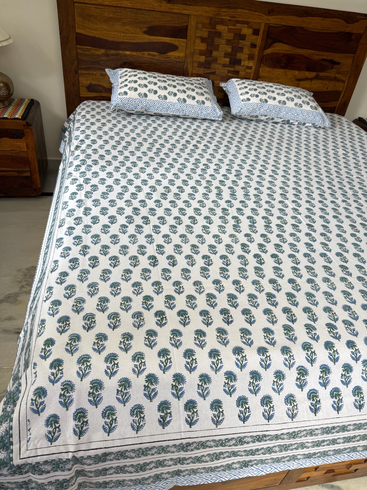 Hand Block Printed Blue & White Floral Cotton Bedsheet with Geometric Pattern (with Pillow Covers