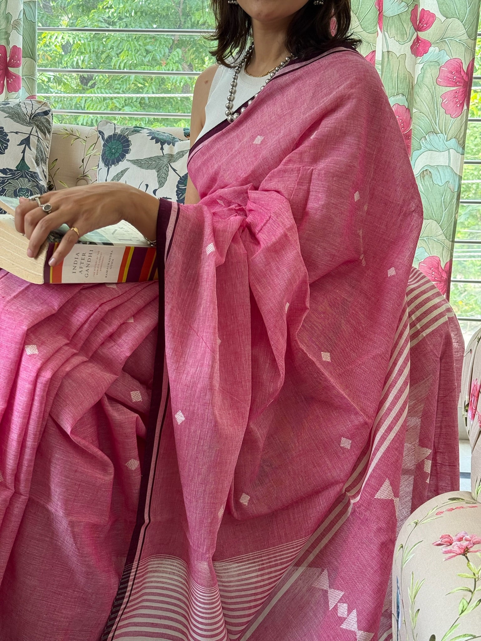 Bright Rose Pink Base Pure Cotton Jamdani Saree