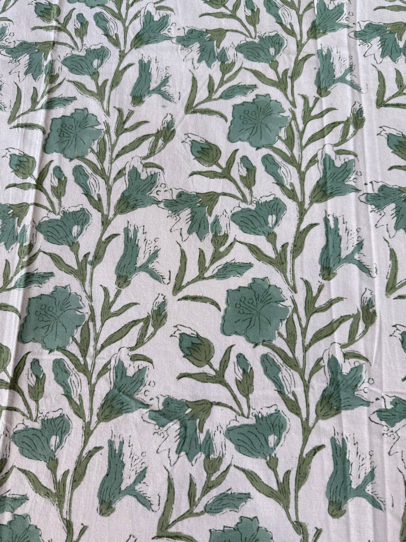 Hand Block Printed Off White &green Leaf Print Floral Cotton Bedsheet