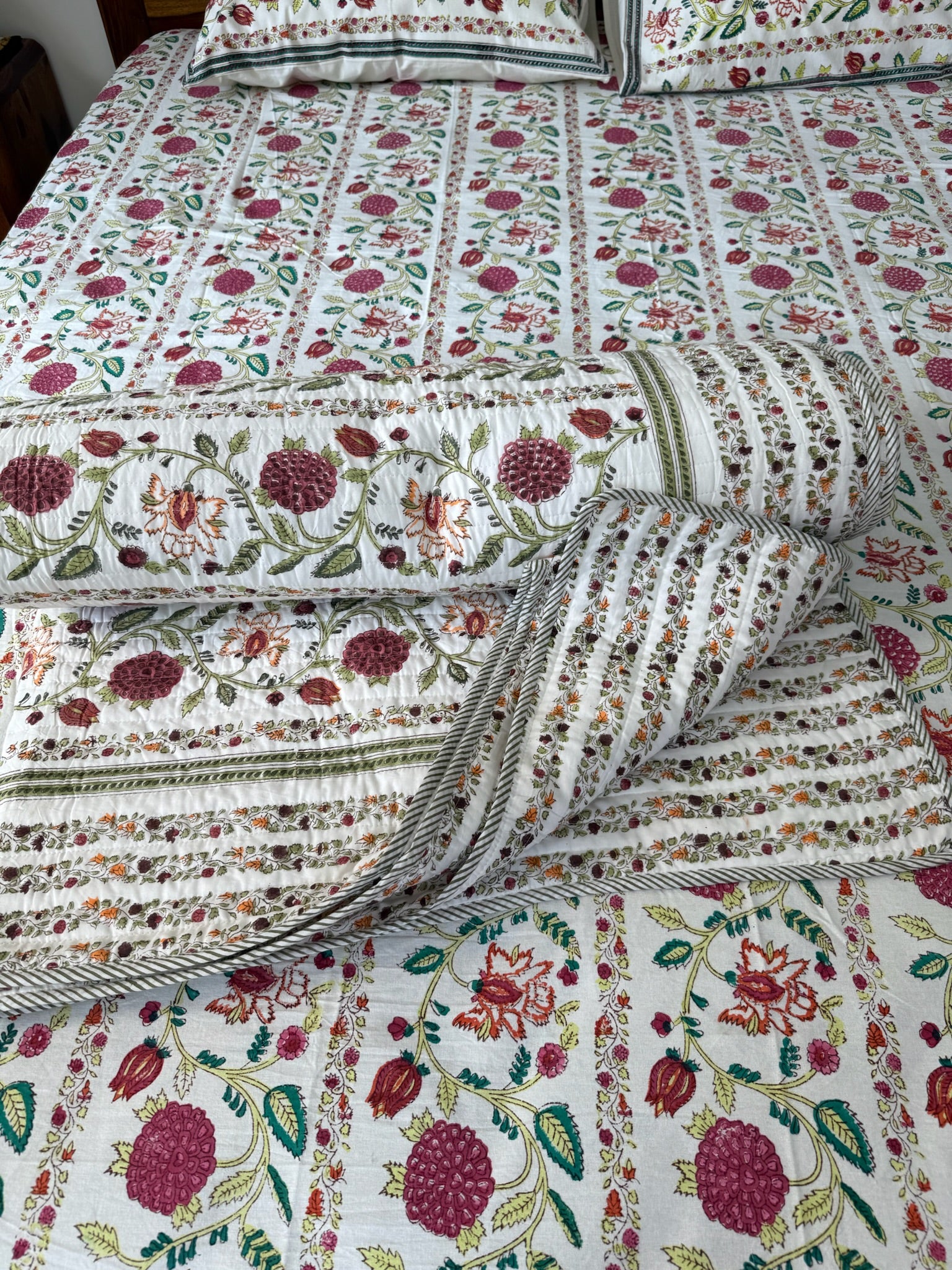 Hand Block Printed Floral Soft Cotton Quilt with Cotton Filling