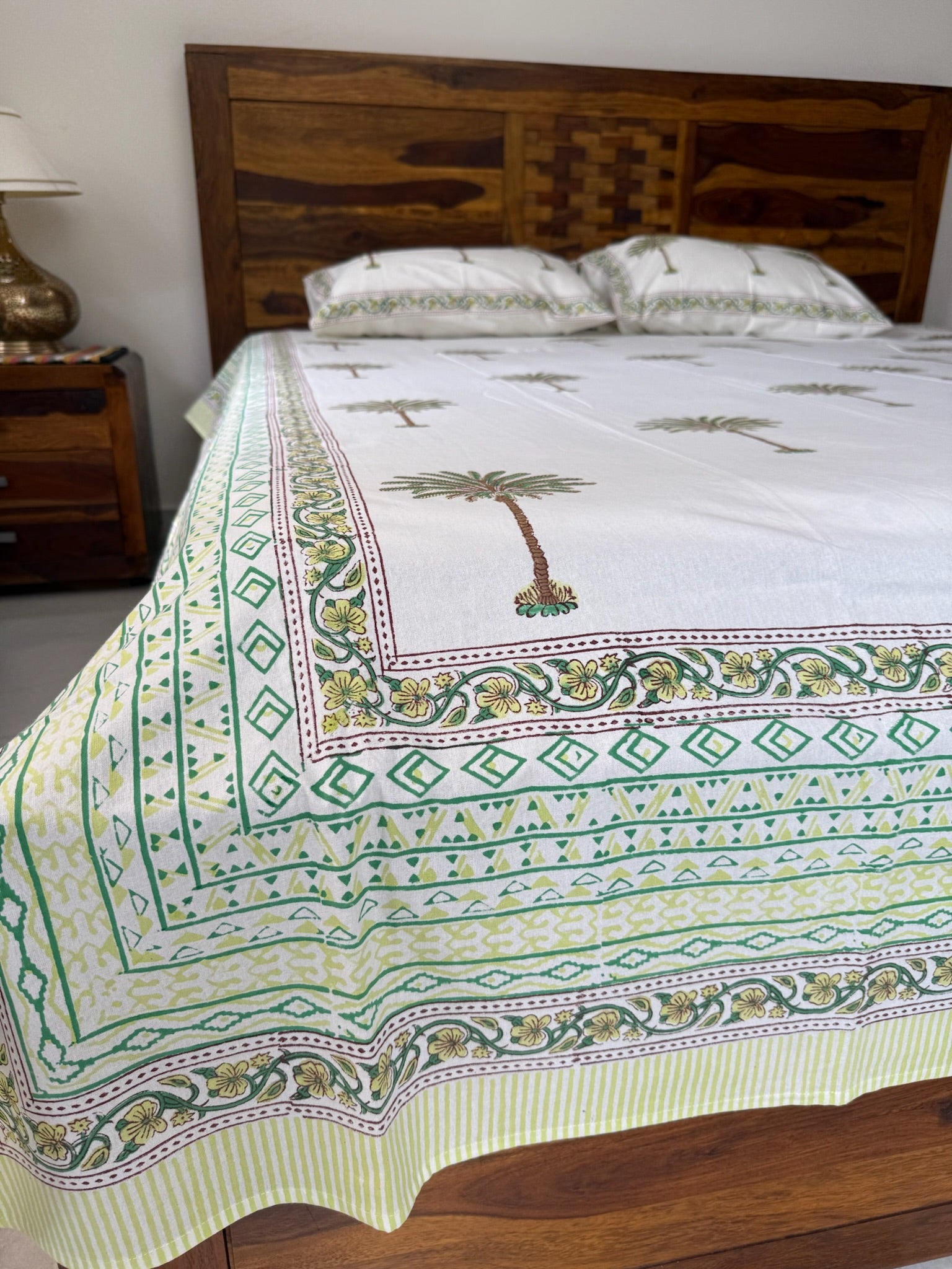 Hand Block Printed Cotton Bed Sheet with Palm Tree & Floral Print Design