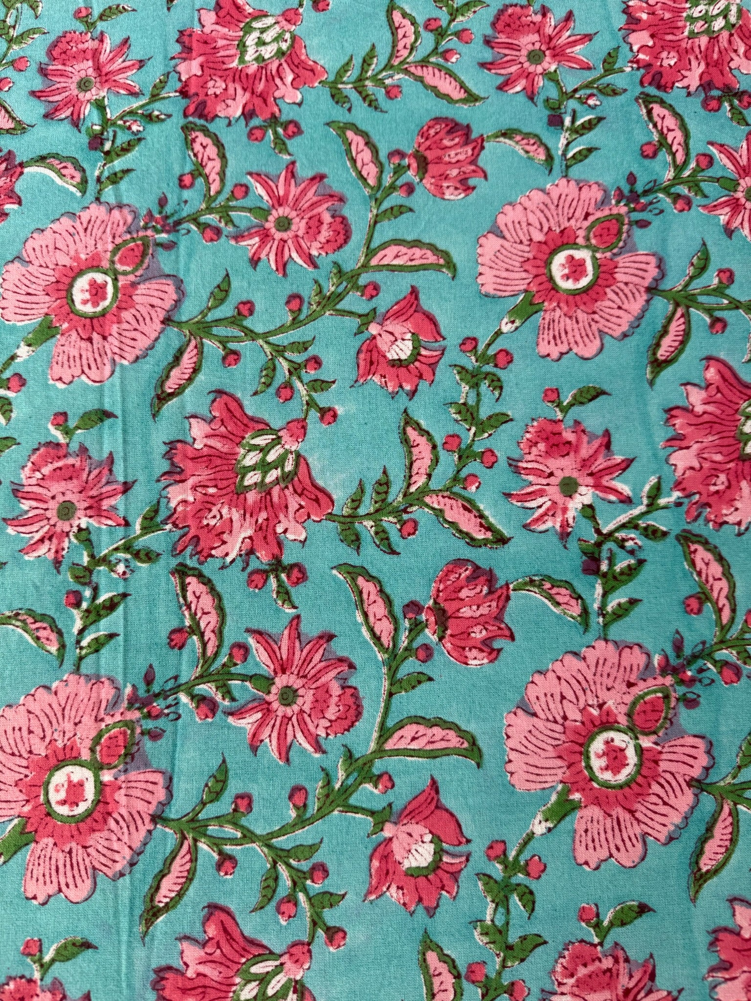 Hand Block Printed Sea Green & Pink Floral Cotton Bedsheet