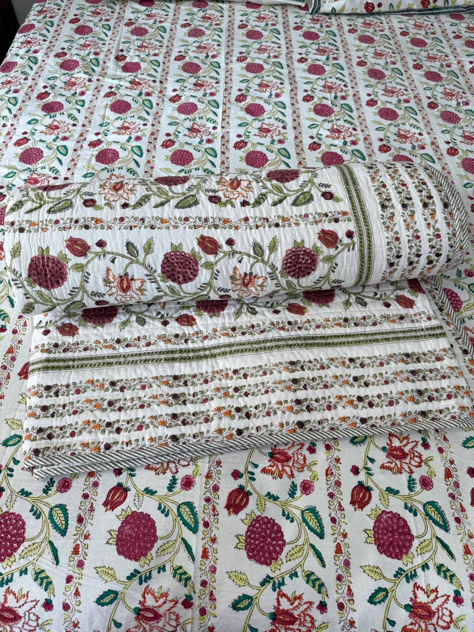 Hand Block Printed Floral Soft Cotton Quilt with Cotton Filling