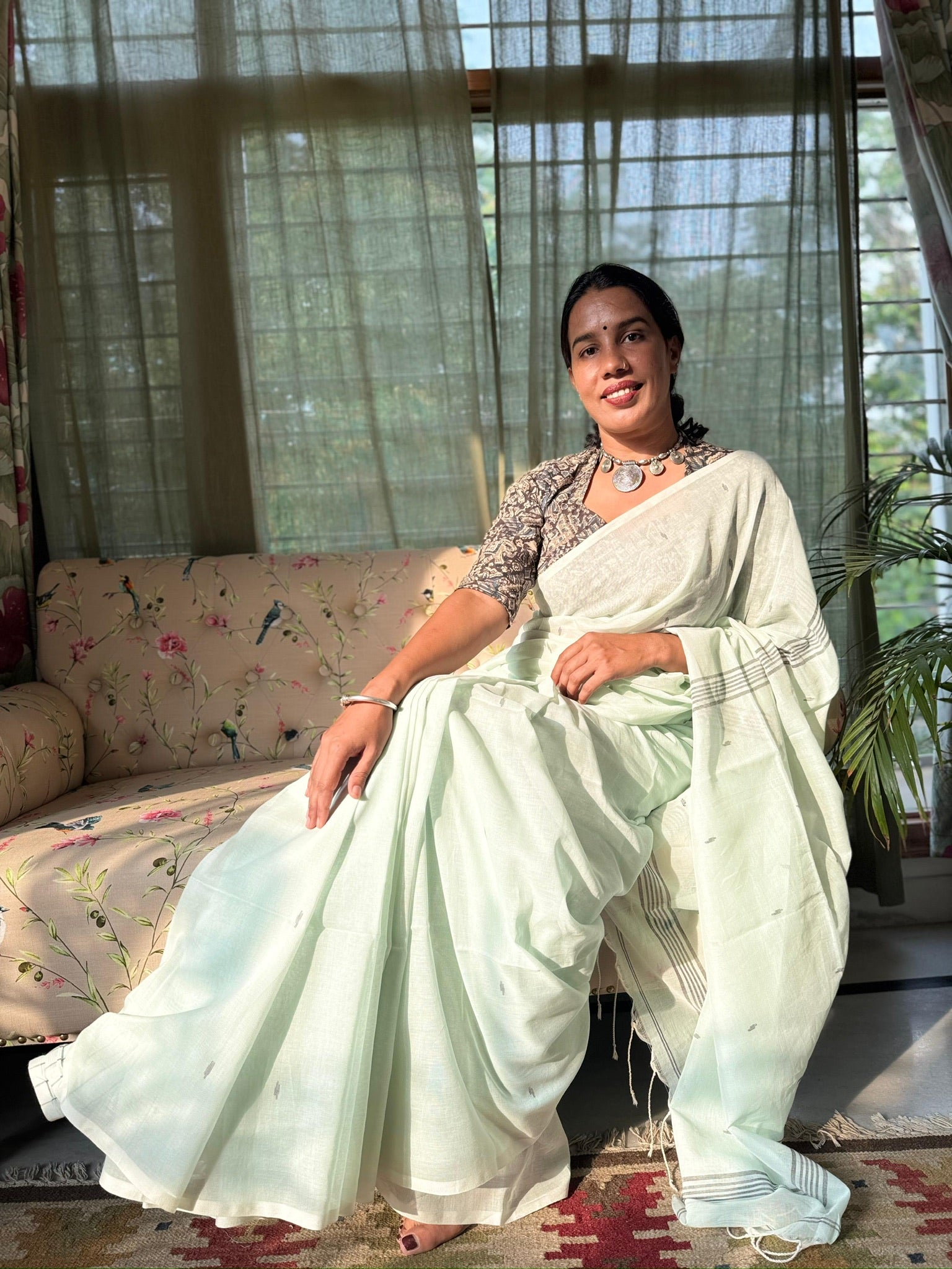 Mint Whisper With Silver Lines Pure Cotton Jamdani Saree
