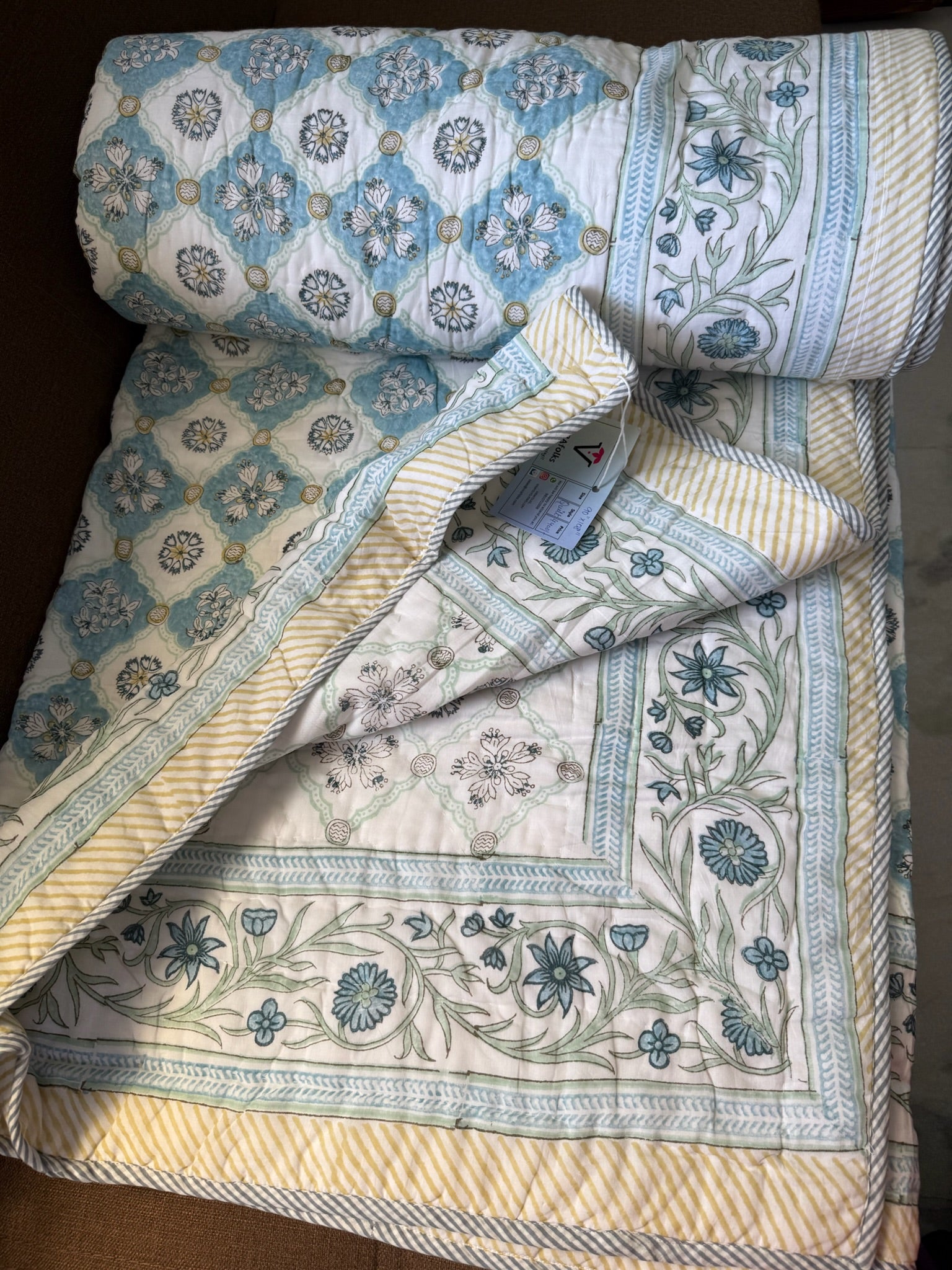 Hand Block Printed Off White & Blue Pure Soft Cotton Quilt with Cotton Filling