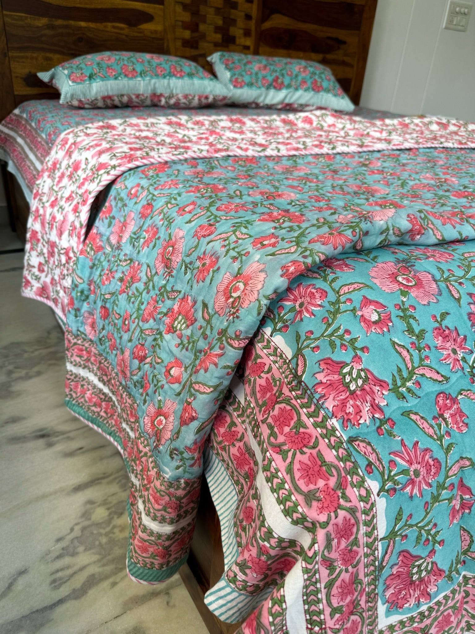 Hand Block Printed  Sea Green & Pink Floral Soft Cotton Quilt with Cotton Filling