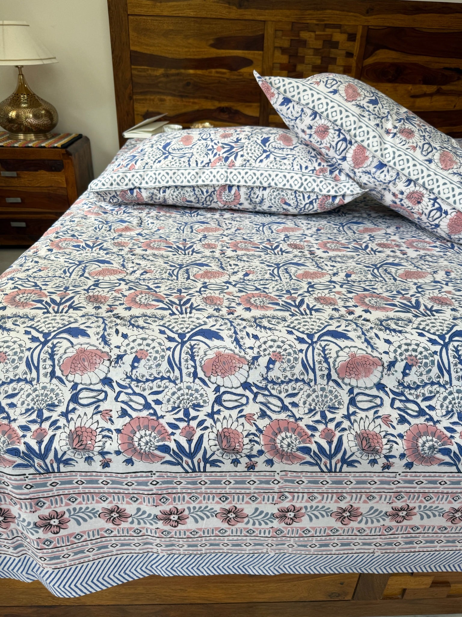 Hand Block Printed Blue & White Floral Cotton Bedsheet with Geometric Pattern (with Pillow Covers)