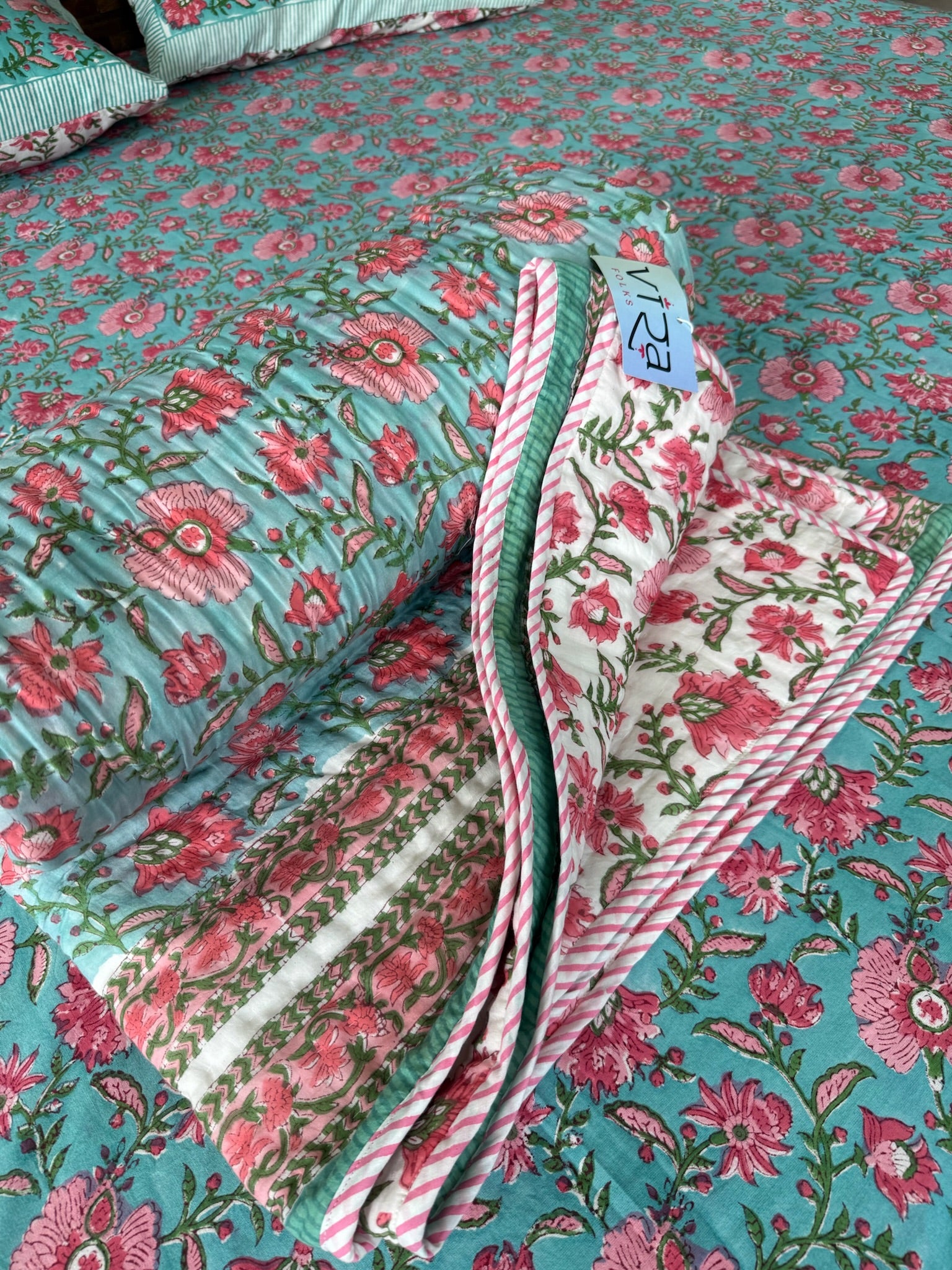 Hand Block Printed  Sea Green & Pink Floral Soft Cotton Quilt with Cotton Filling
