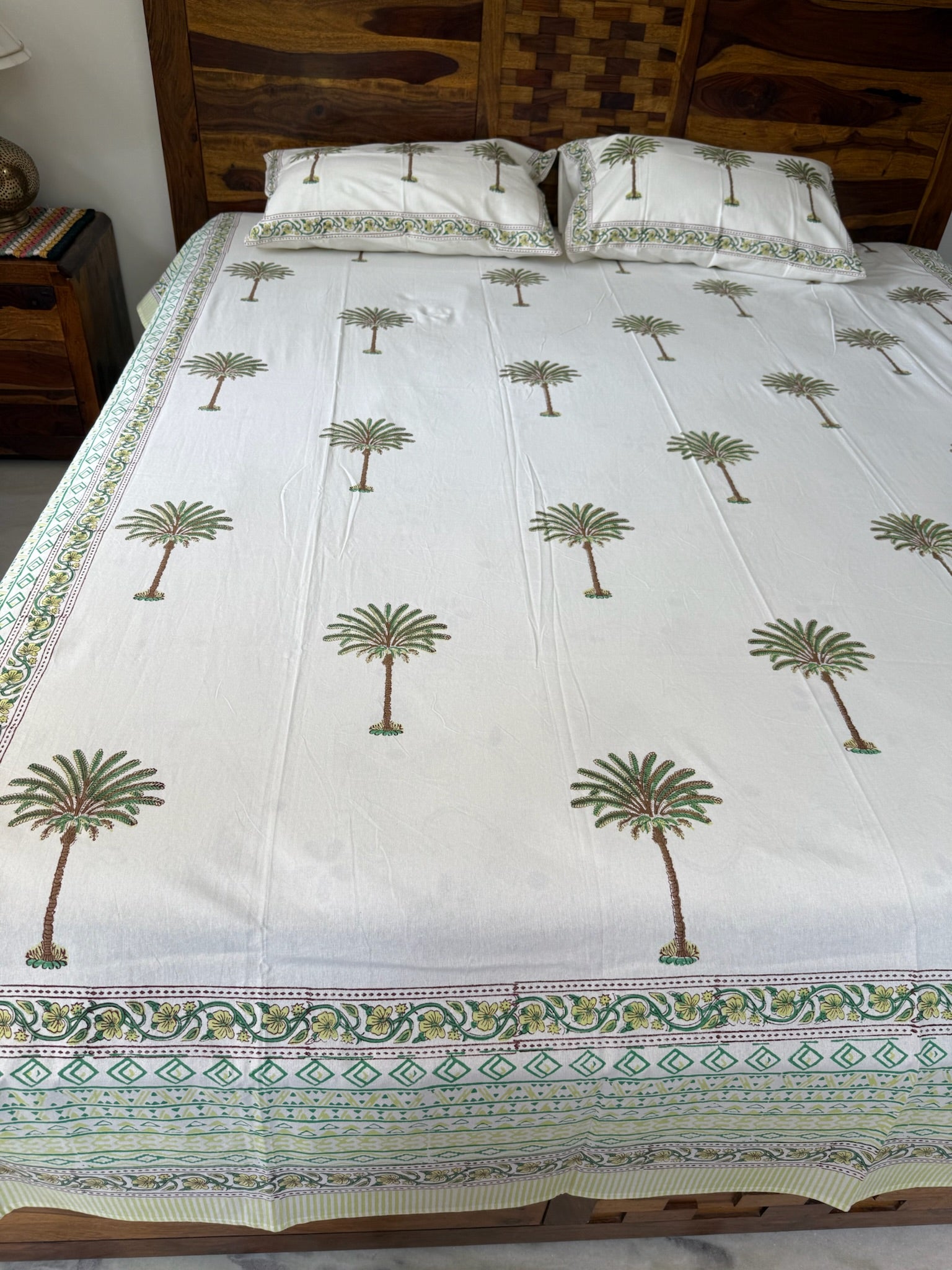 Hand Block Printed Cotton Bed Sheet with Palm Tree & Floral Print Design