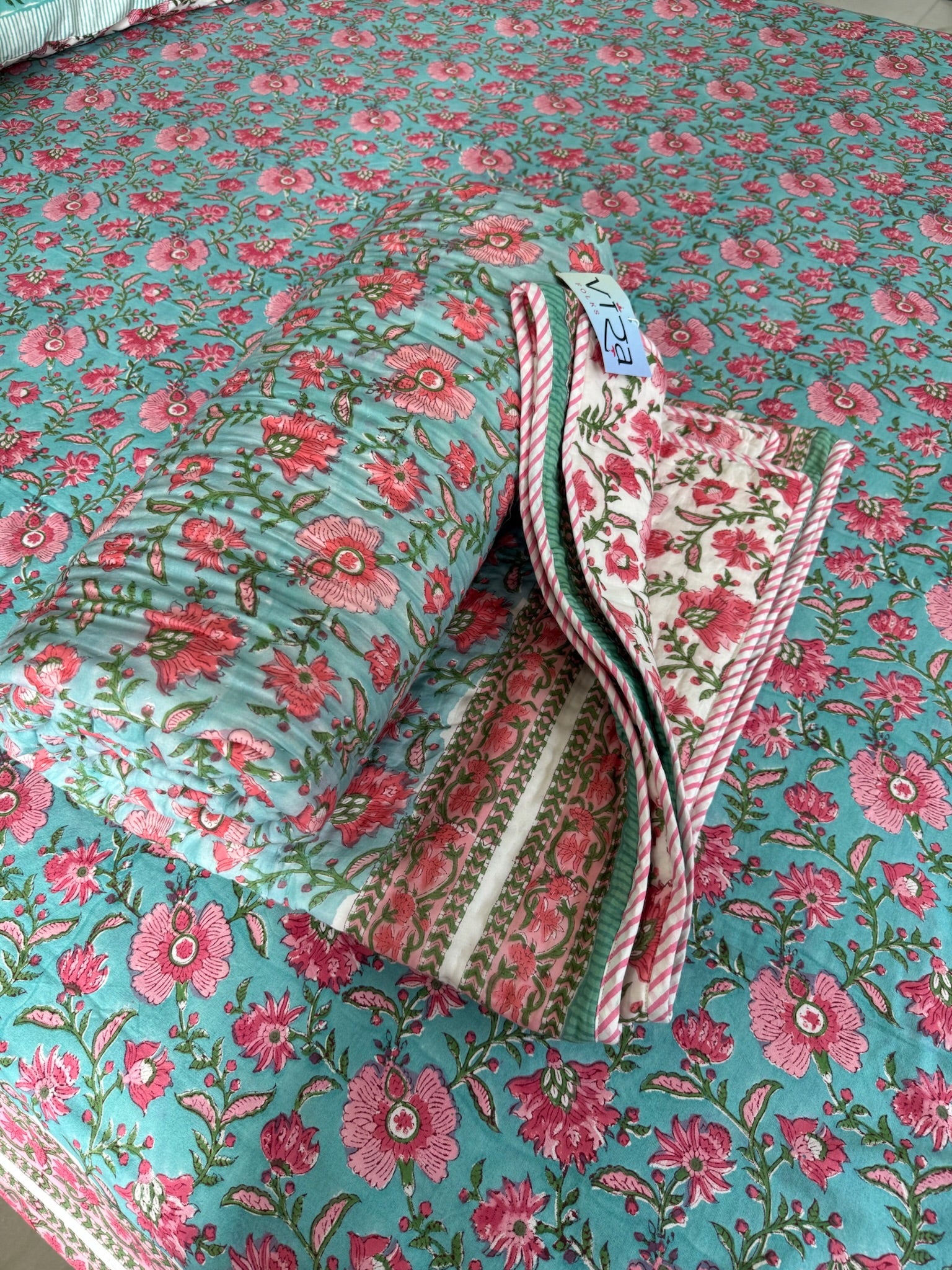 Hand Block Printed  Sea Green & Pink Floral Soft Cotton Quilt with Cotton Filling