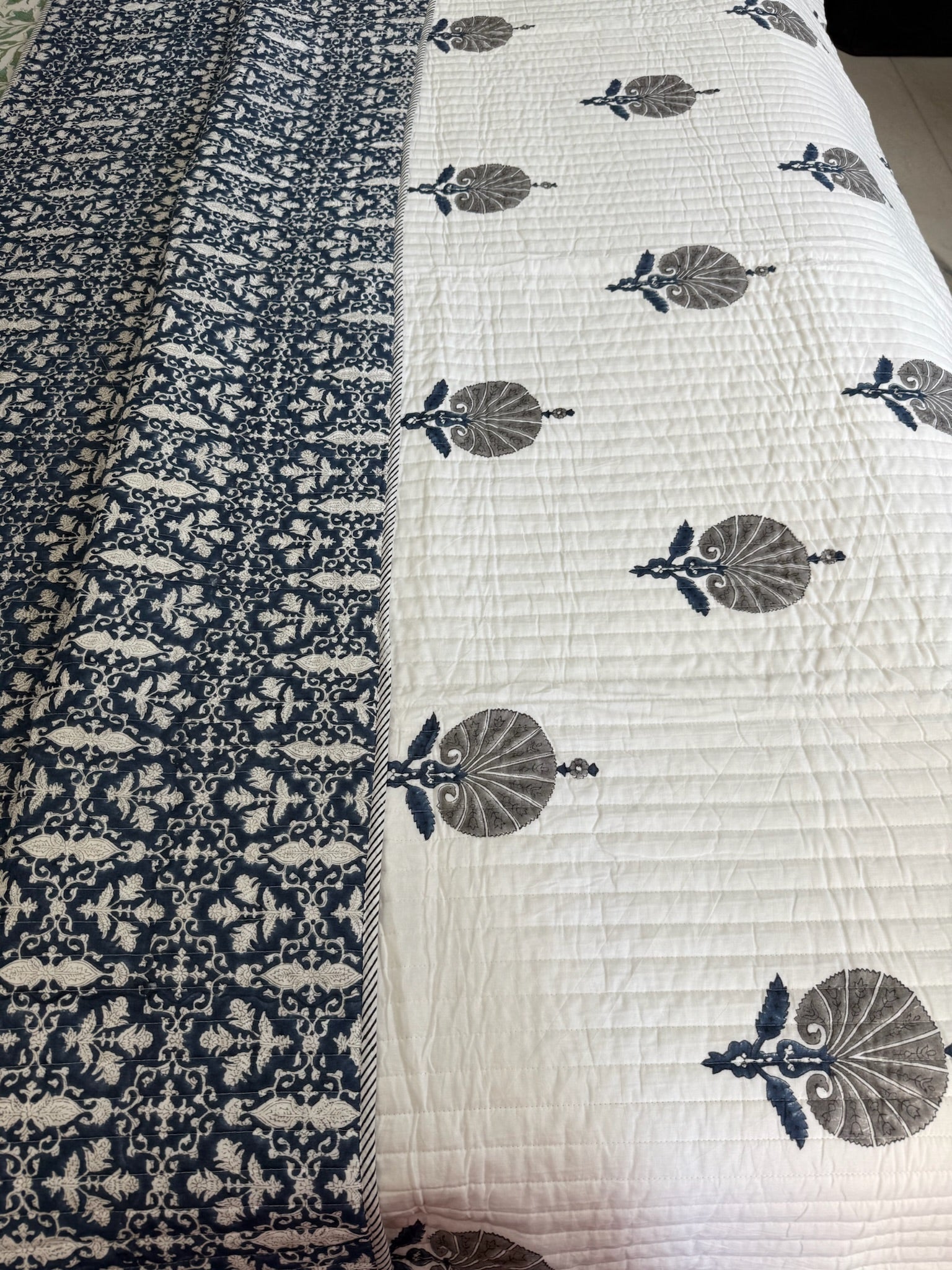Hand Block Printed Off White & Dark blue Soft Cotton Dohar with Cotton Filling