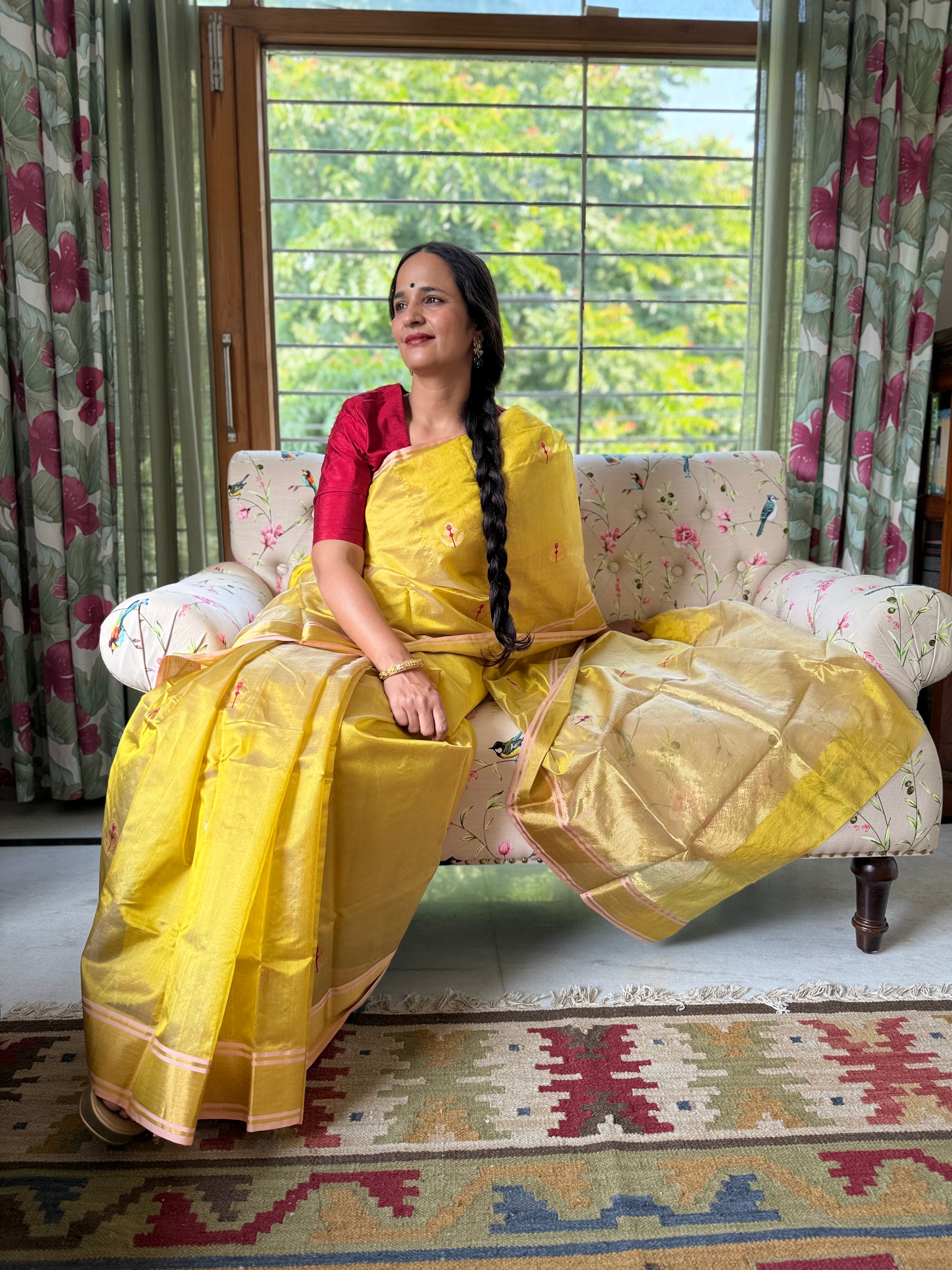 Golden Yellow Pure Chanderi Silk Saree with Handwoven Zari Buti