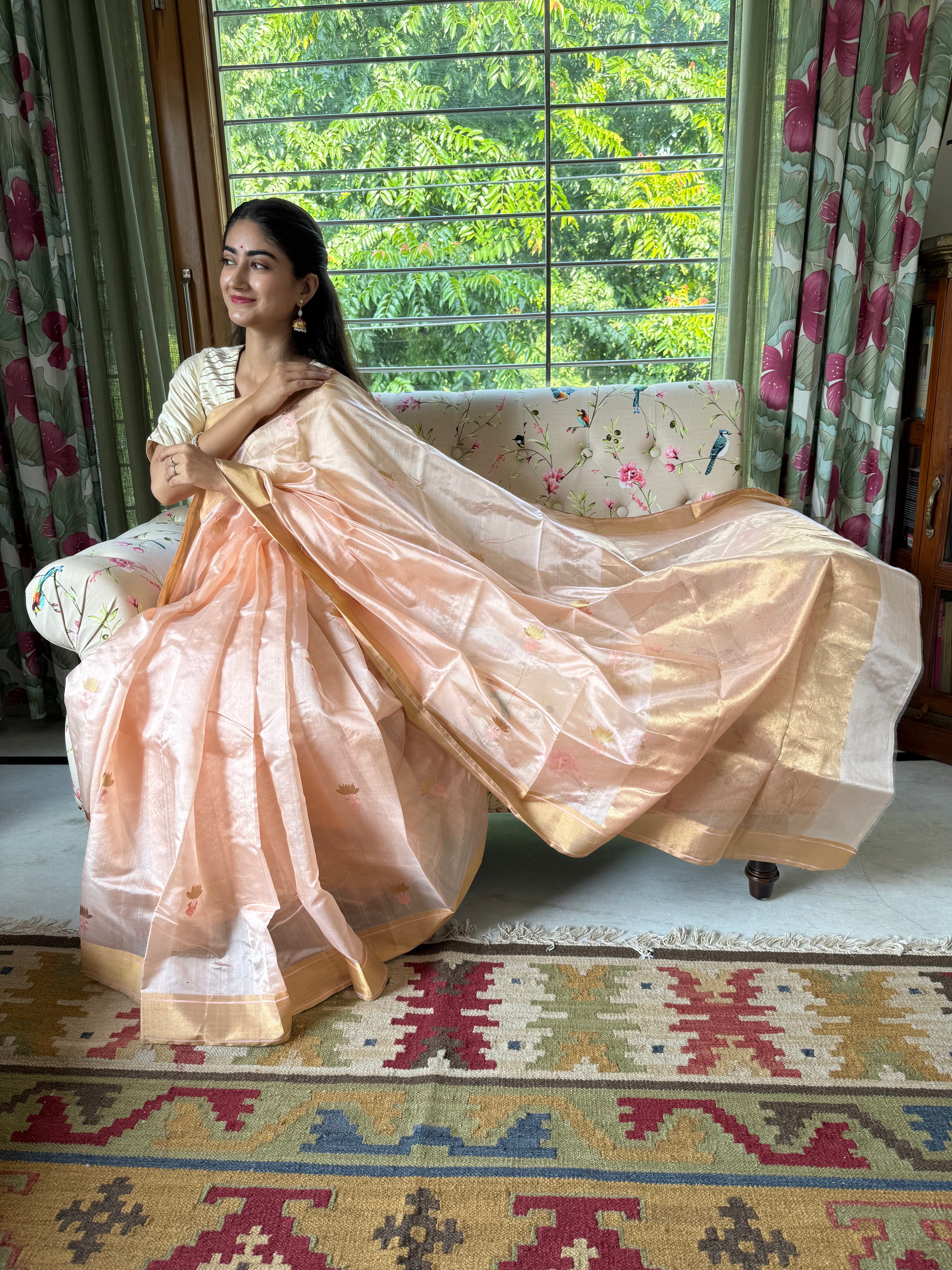 Pink and Gold Pure Chanderi Silk Saree with Handwoven Golden Zari Buti