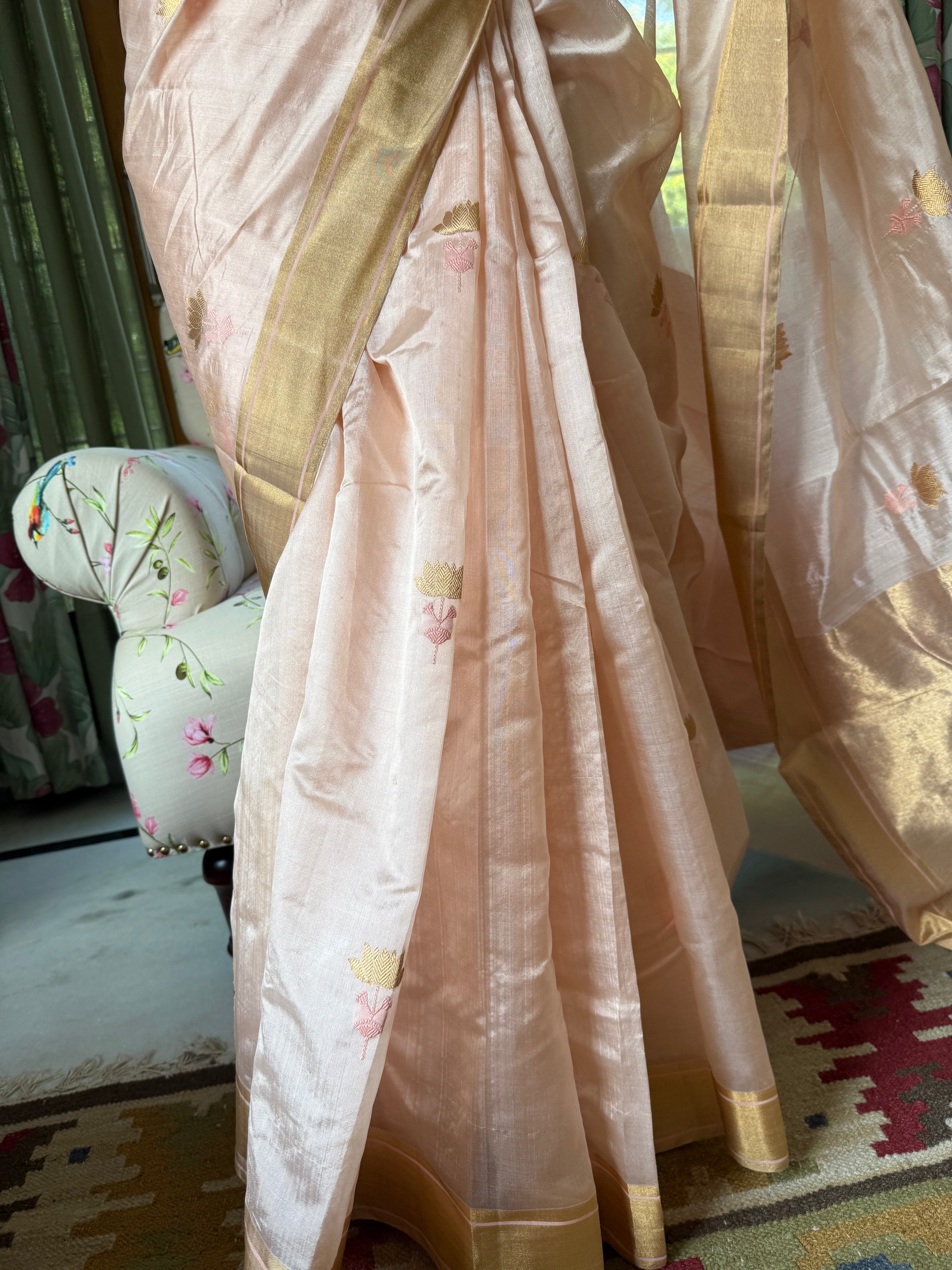 Pink and Gold Pure Chanderi Silk Saree with Handwoven Golden Zari Buti