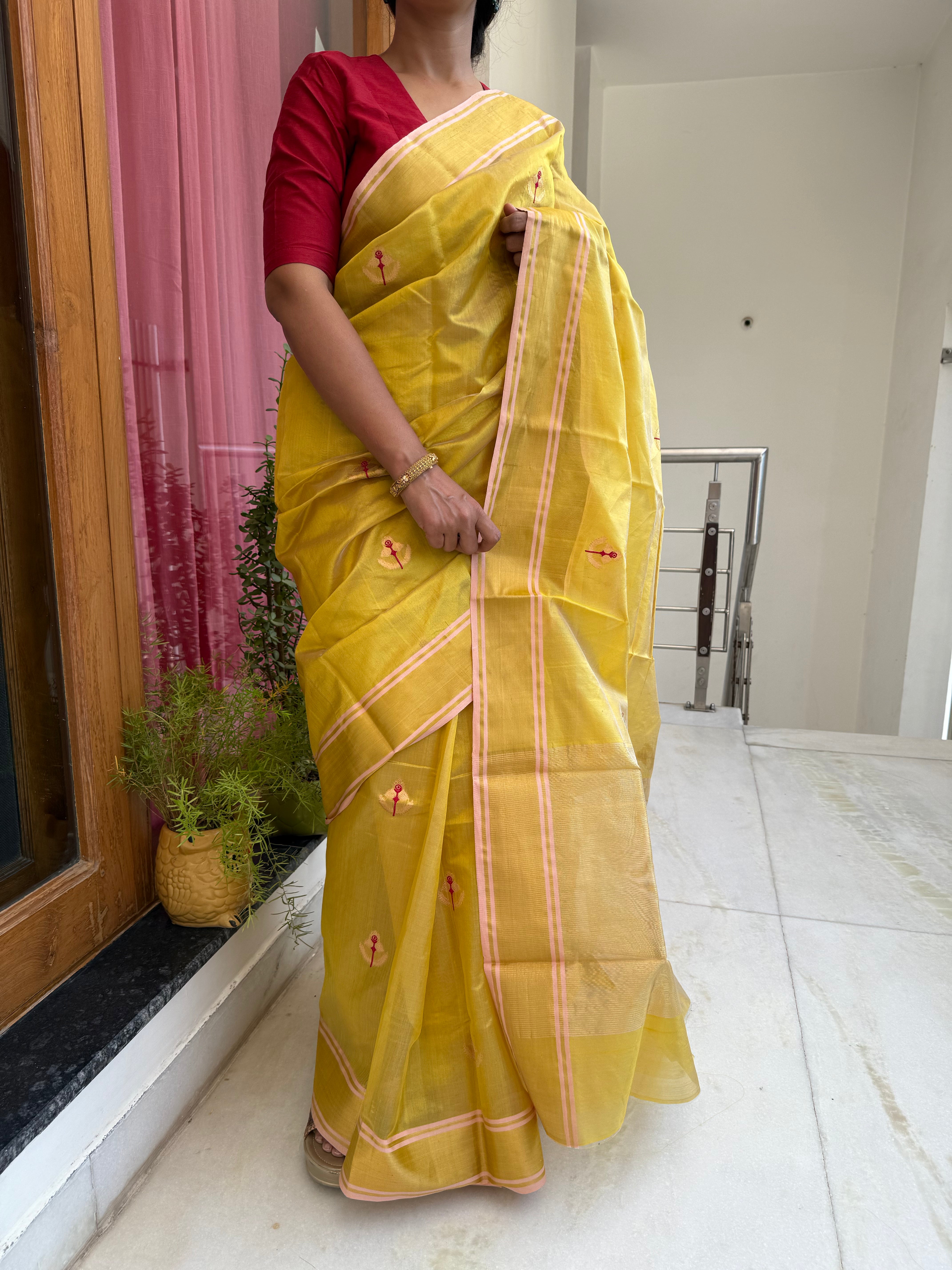 Golden Yellow Pure Chanderi Silk Saree with Handwoven Zari Buti