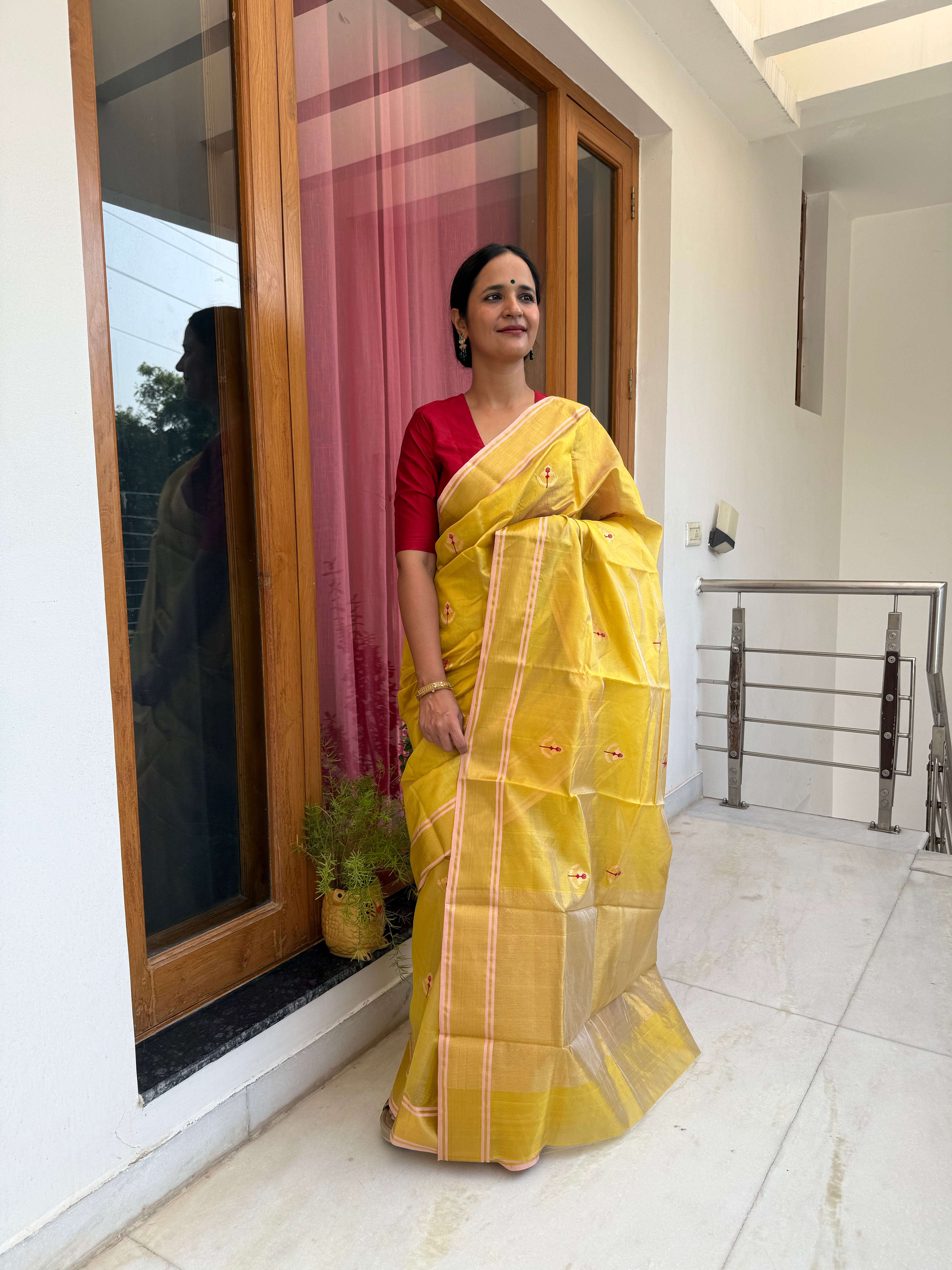 Golden Yellow Pure Chanderi Silk Saree with Handwoven Zari Buti