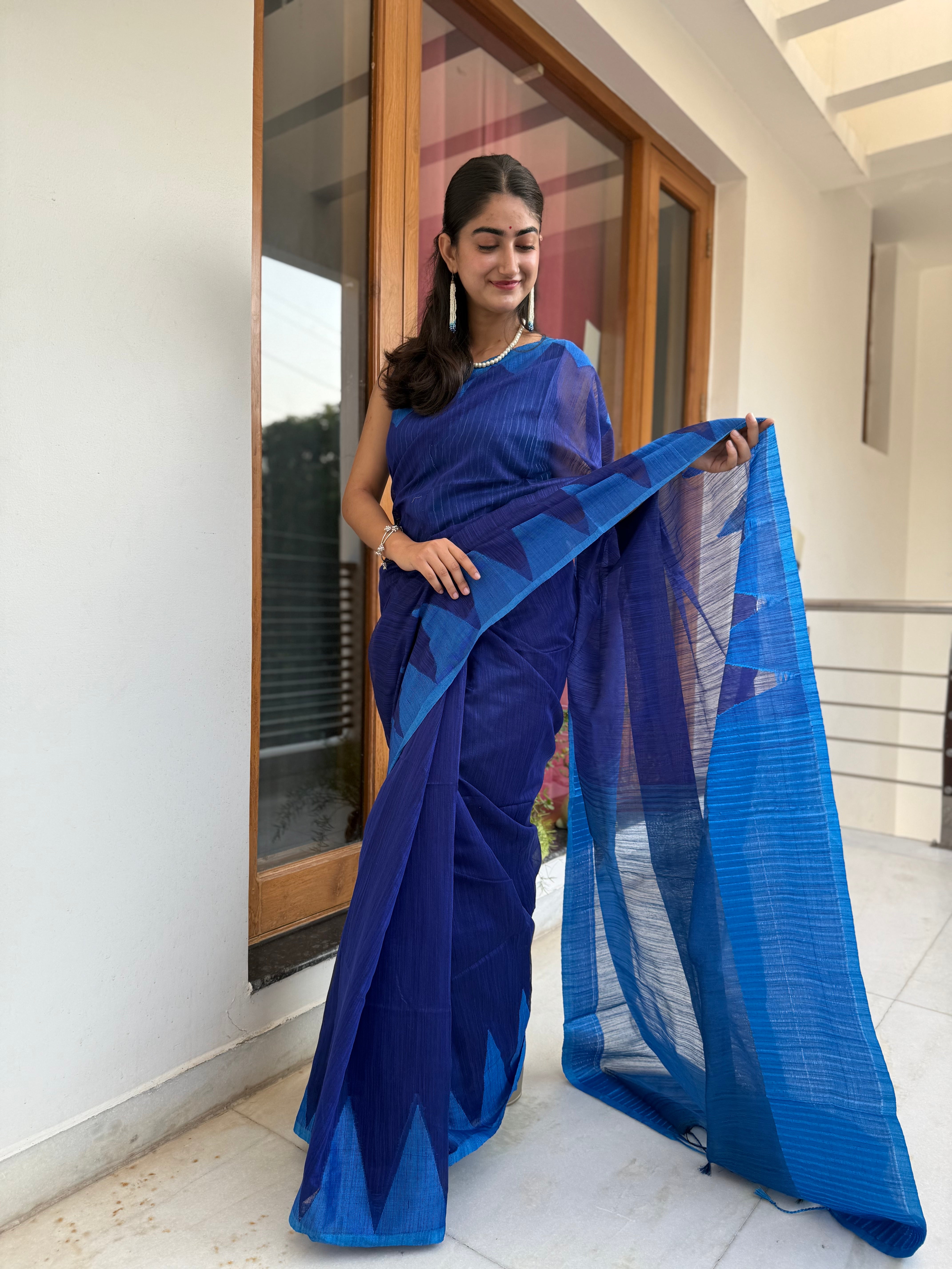Royal Blue and Sky Blue Cotton Saree
