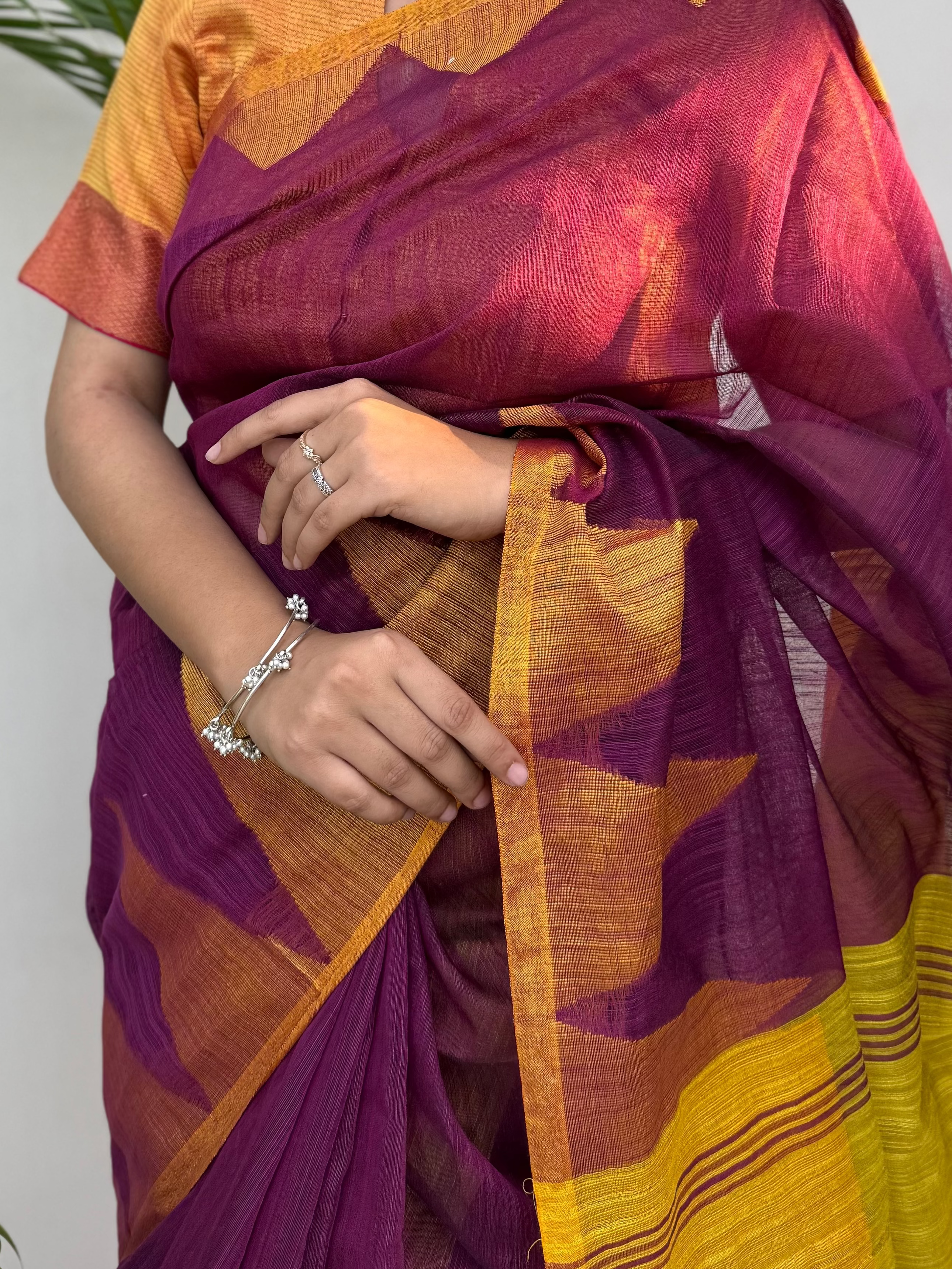Wine and Yellow Cotton Saree