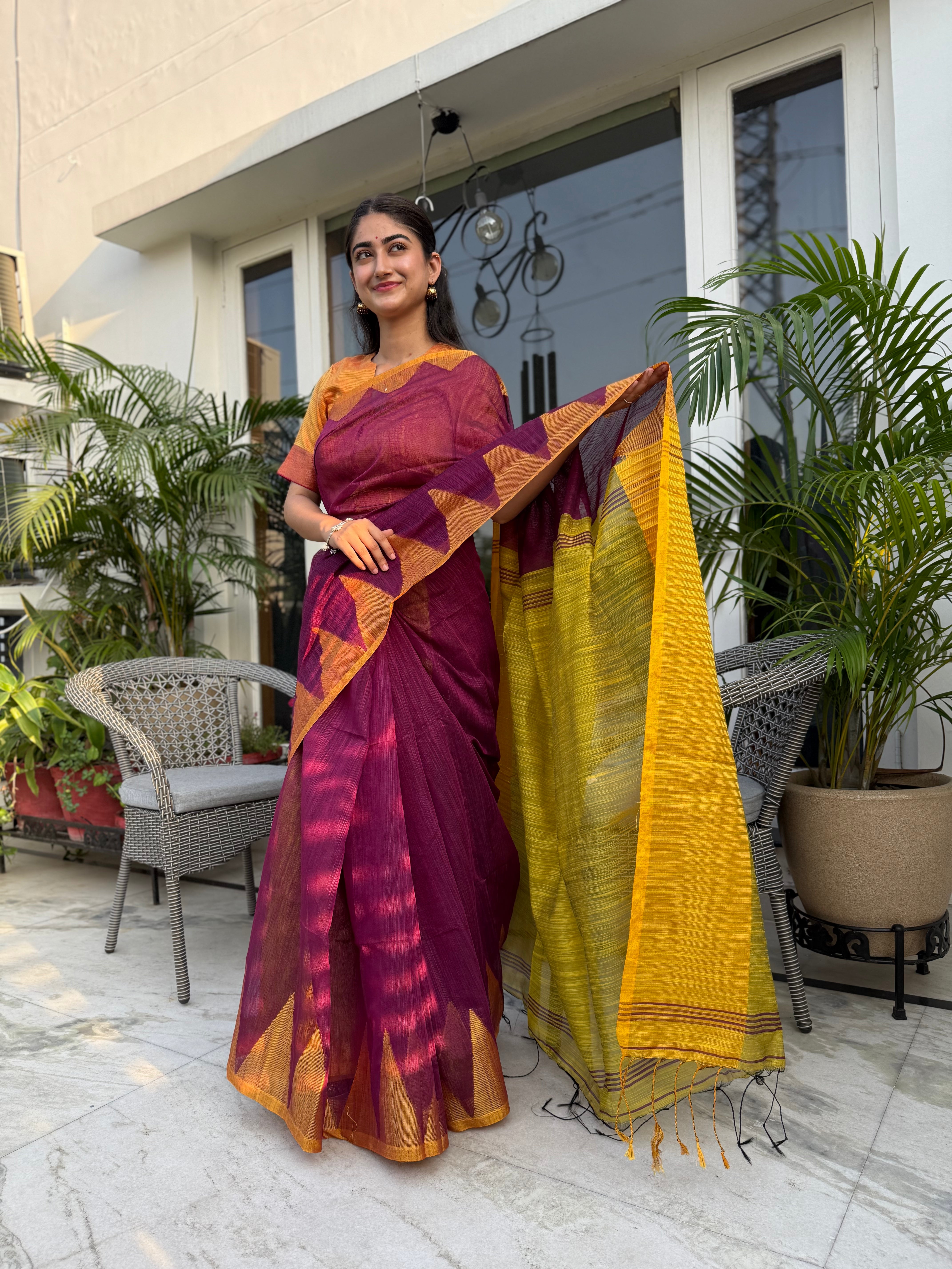 Wine and Yellow Cotton Saree