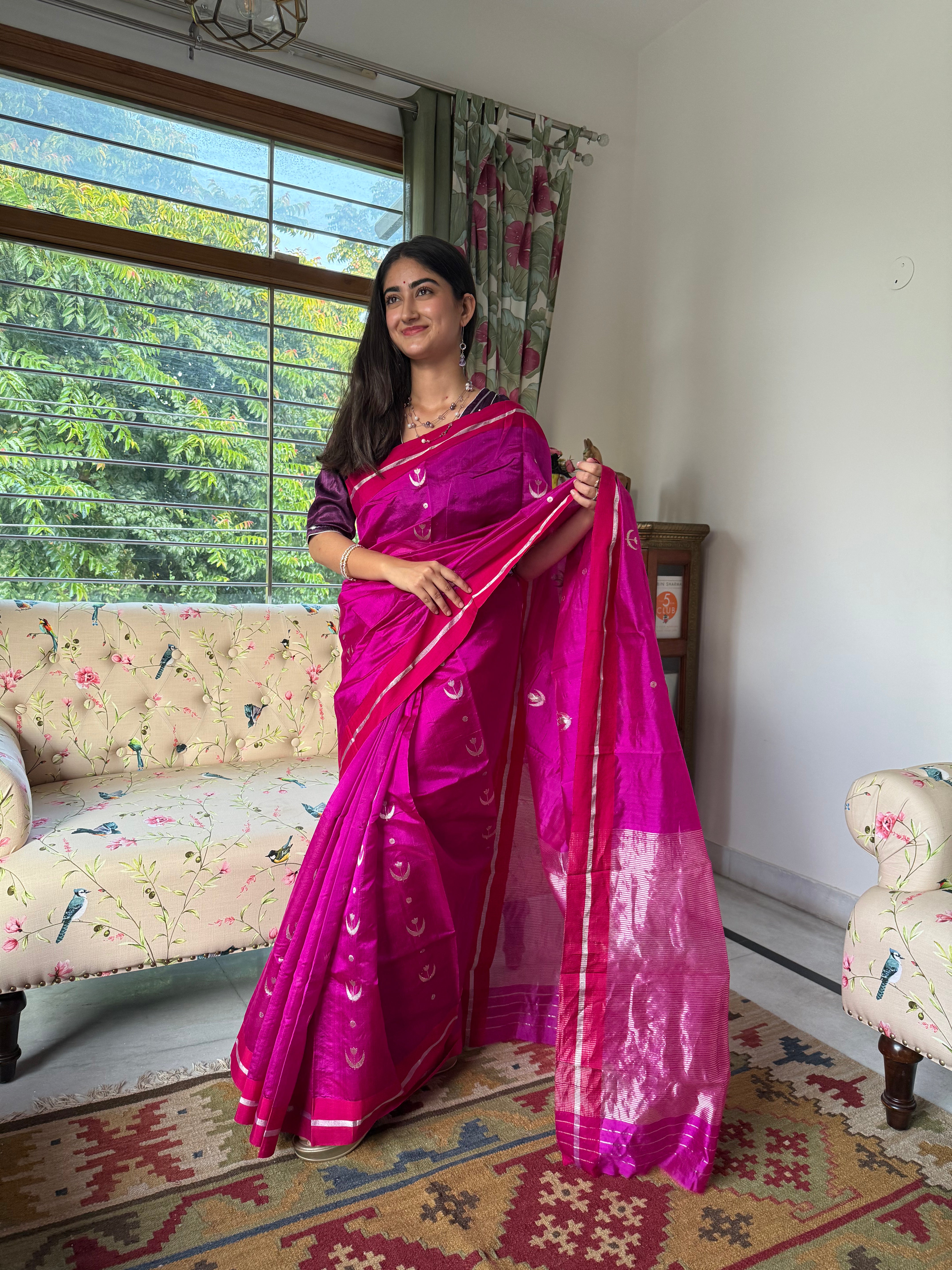Magenta Pure Chanderi Silk Saree with Handwoven Silver Zari Buti and Tissue Palla