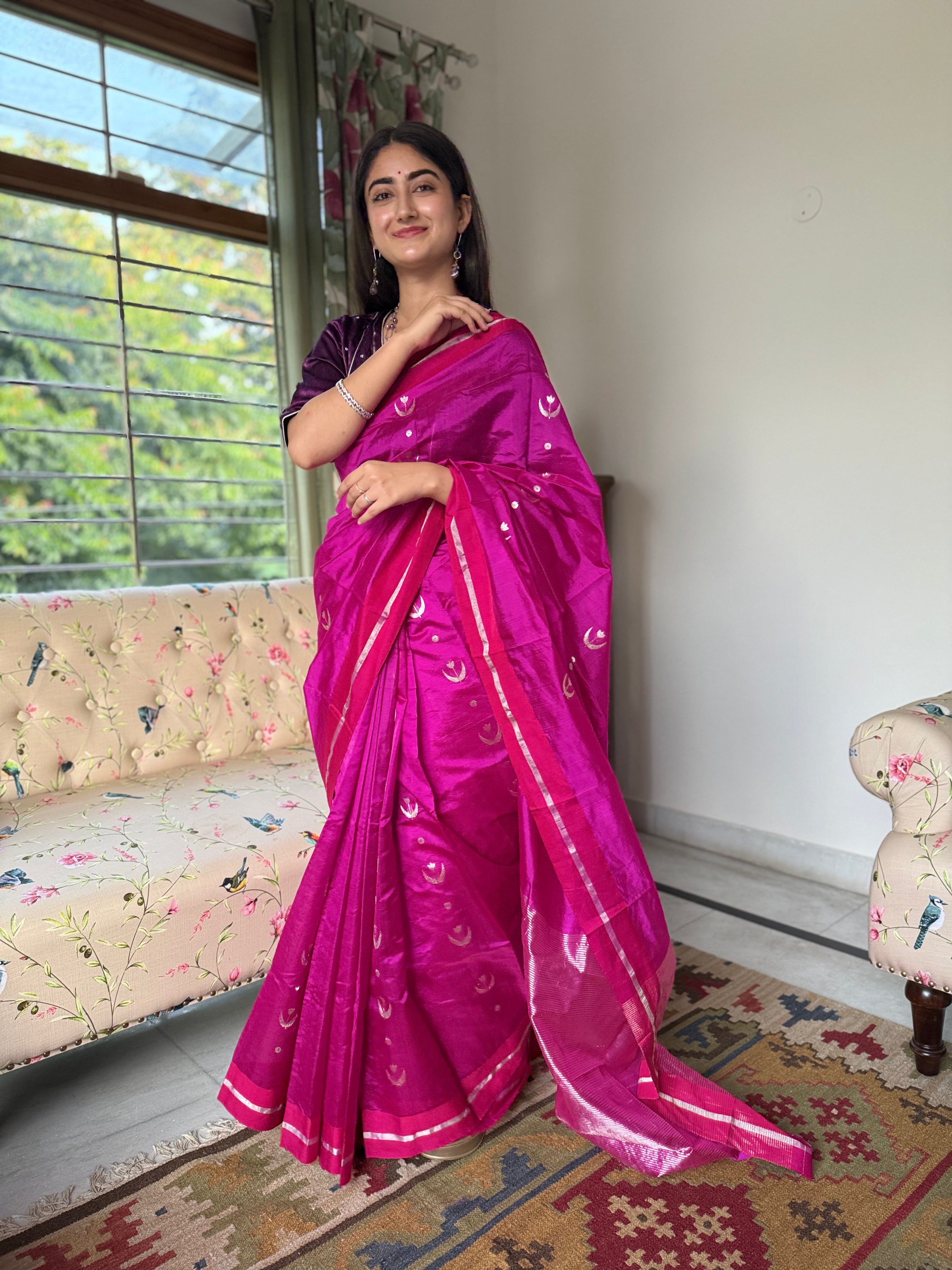 Magenta Pure Chanderi Silk Saree with Handwoven Silver Zari Buti and Tissue Palla