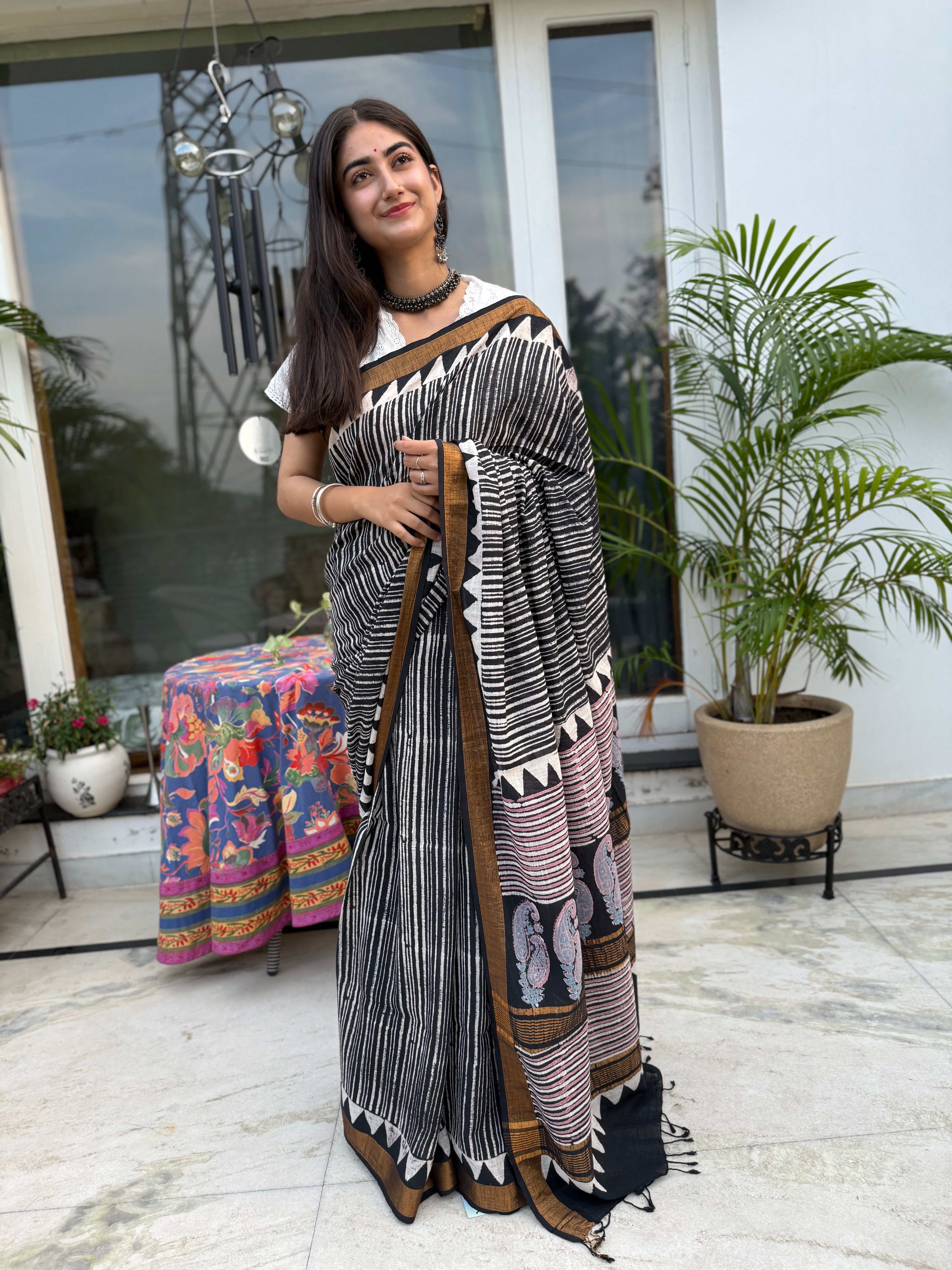 Indigo Ajrakh Hand Block Pure Linen Saree