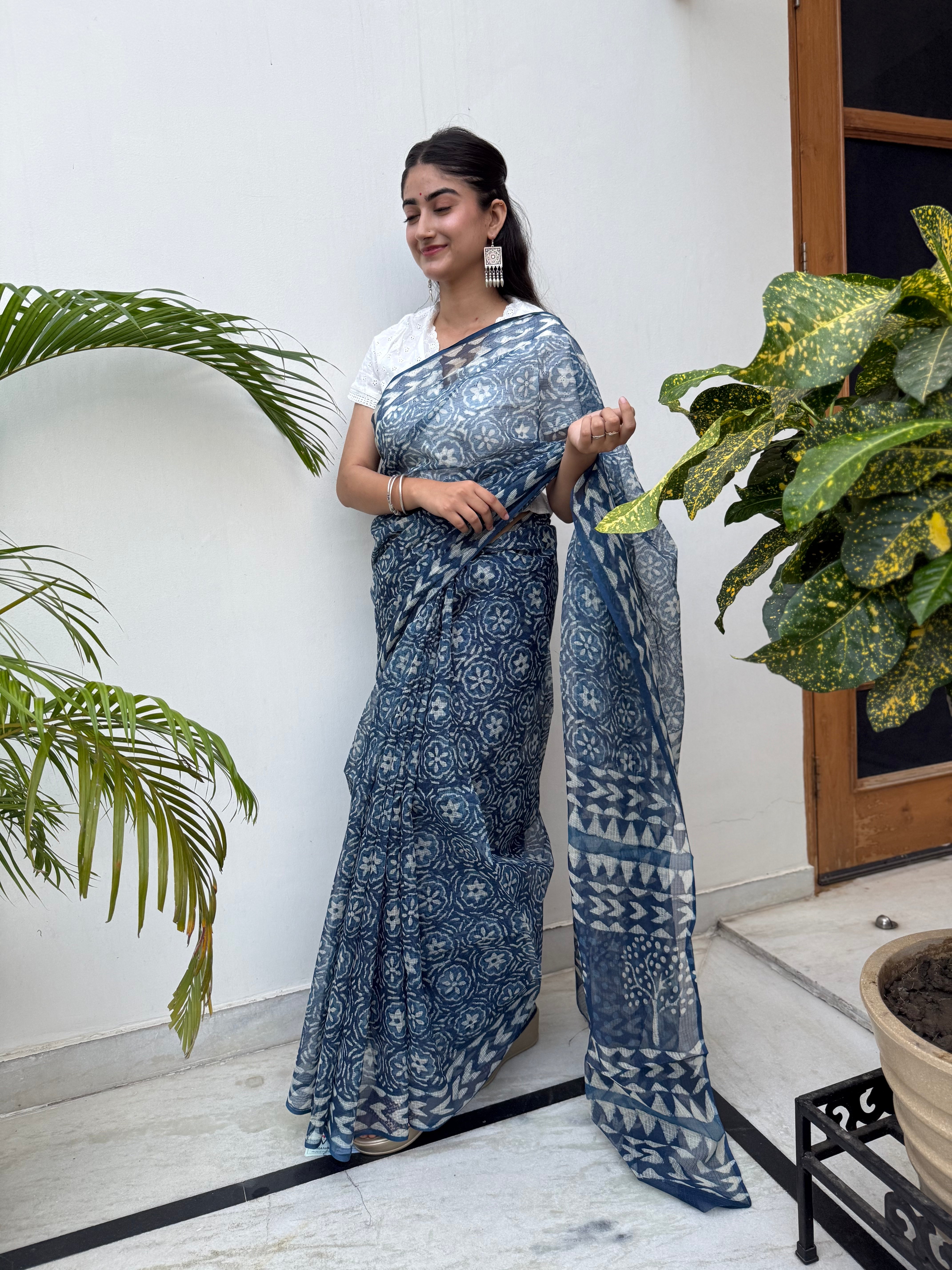 Indigo Hand Block Kota Doria Saree