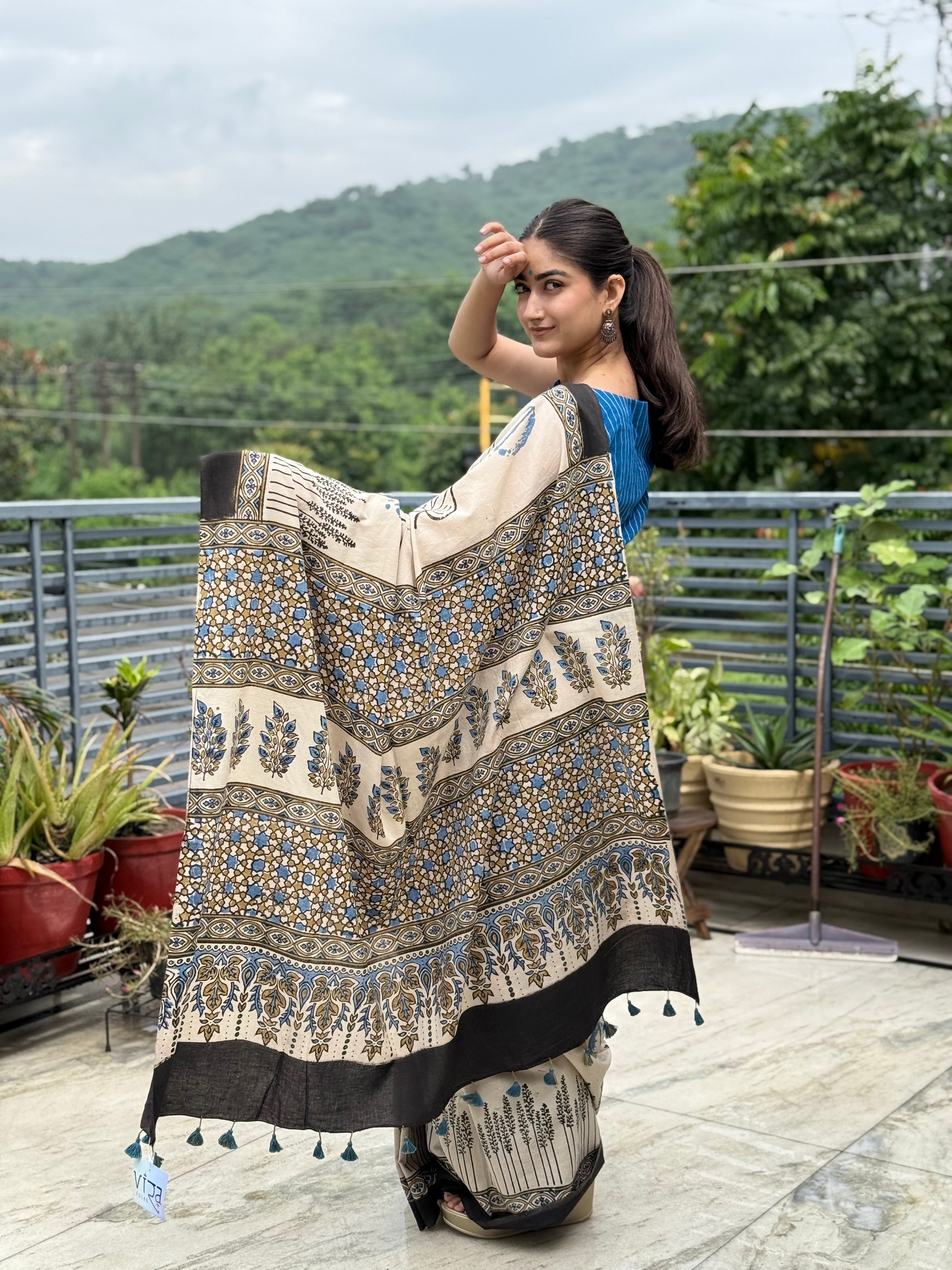  Handcrafted Ajrakh printed cotton saree in beige and black tones