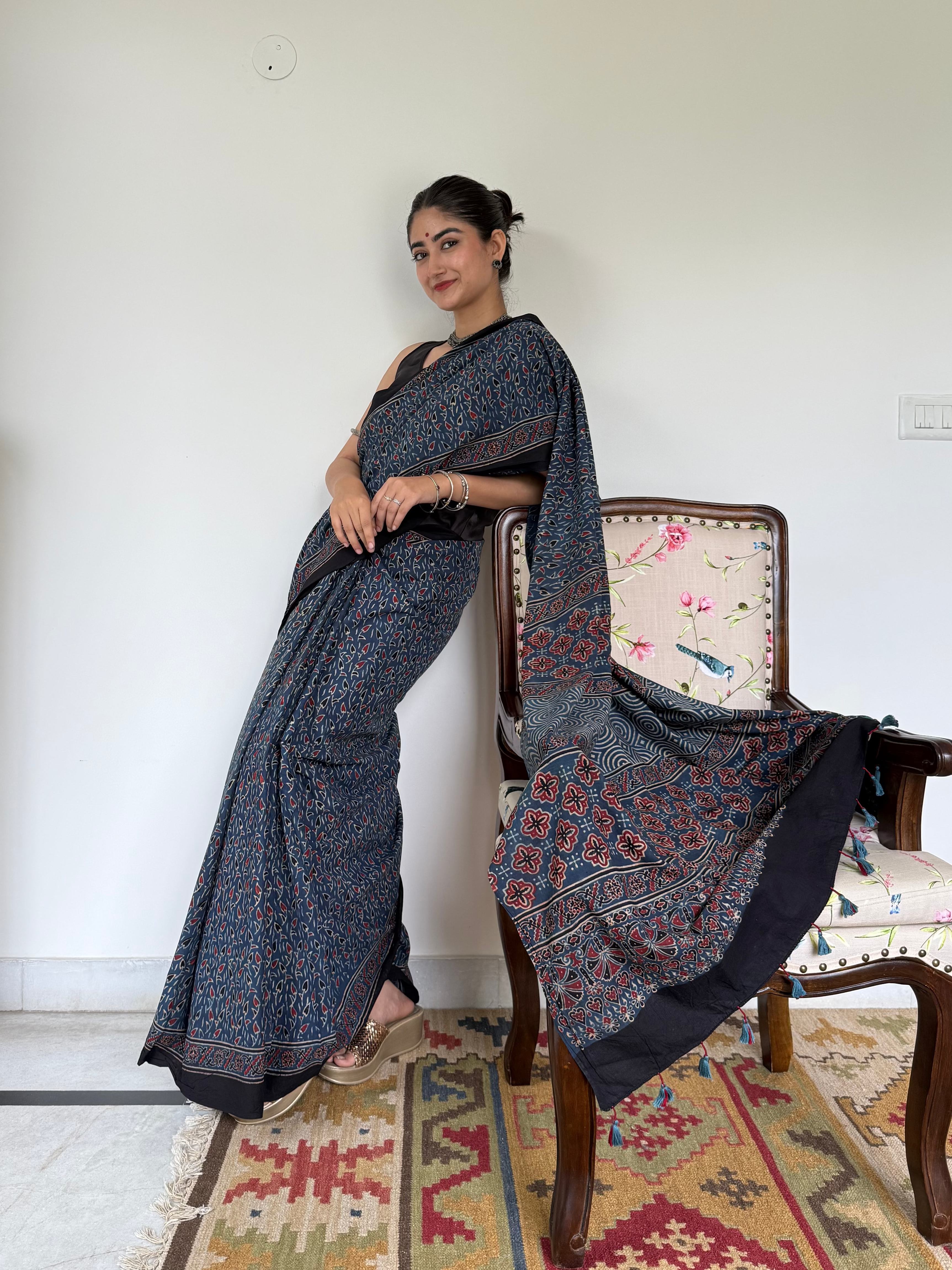 Elegant Indigo Ajrakh Saree Styled Traditionally