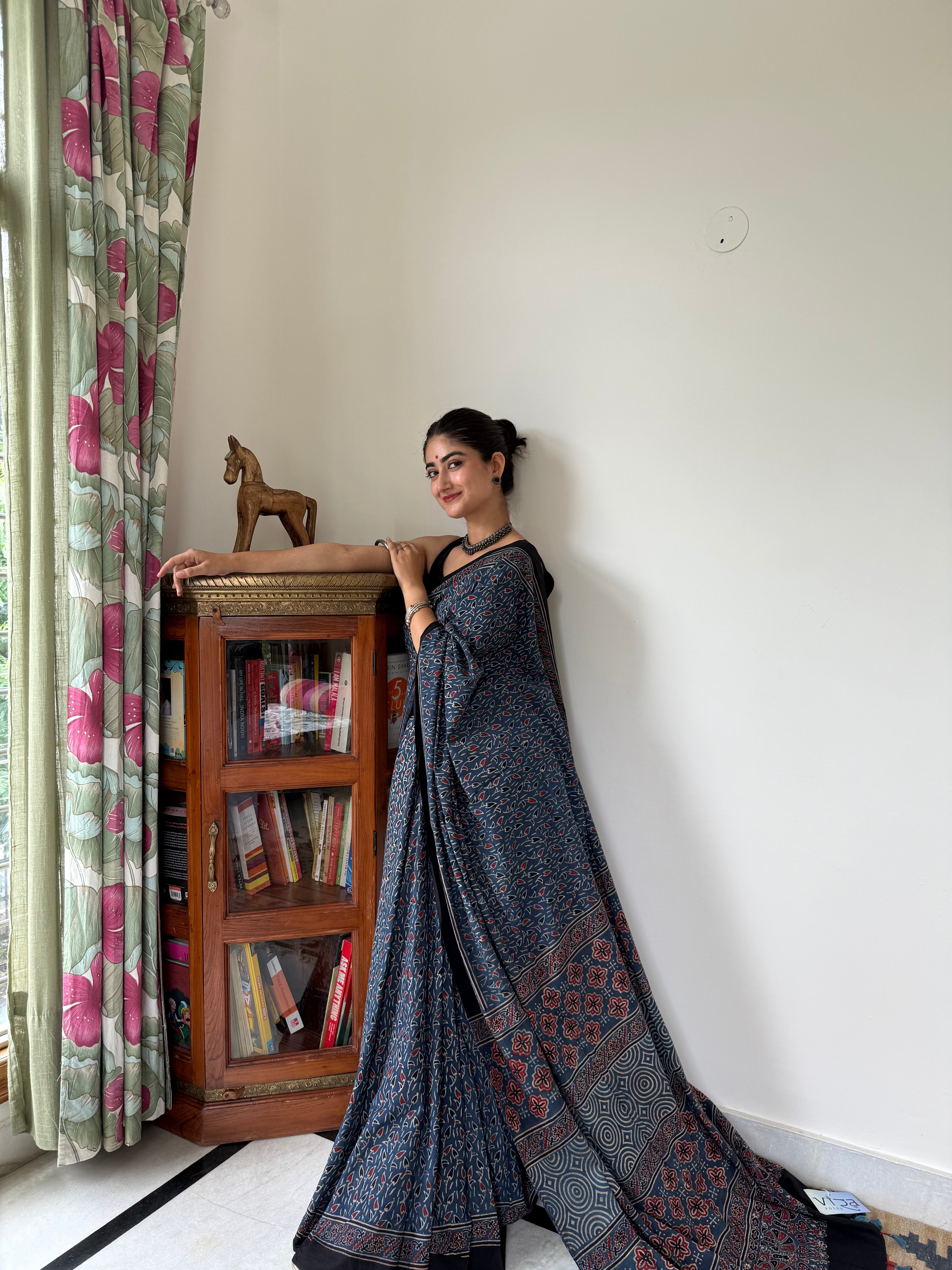  Indigo Ajrakh Hand Block Pure Cotton Saree draped on model