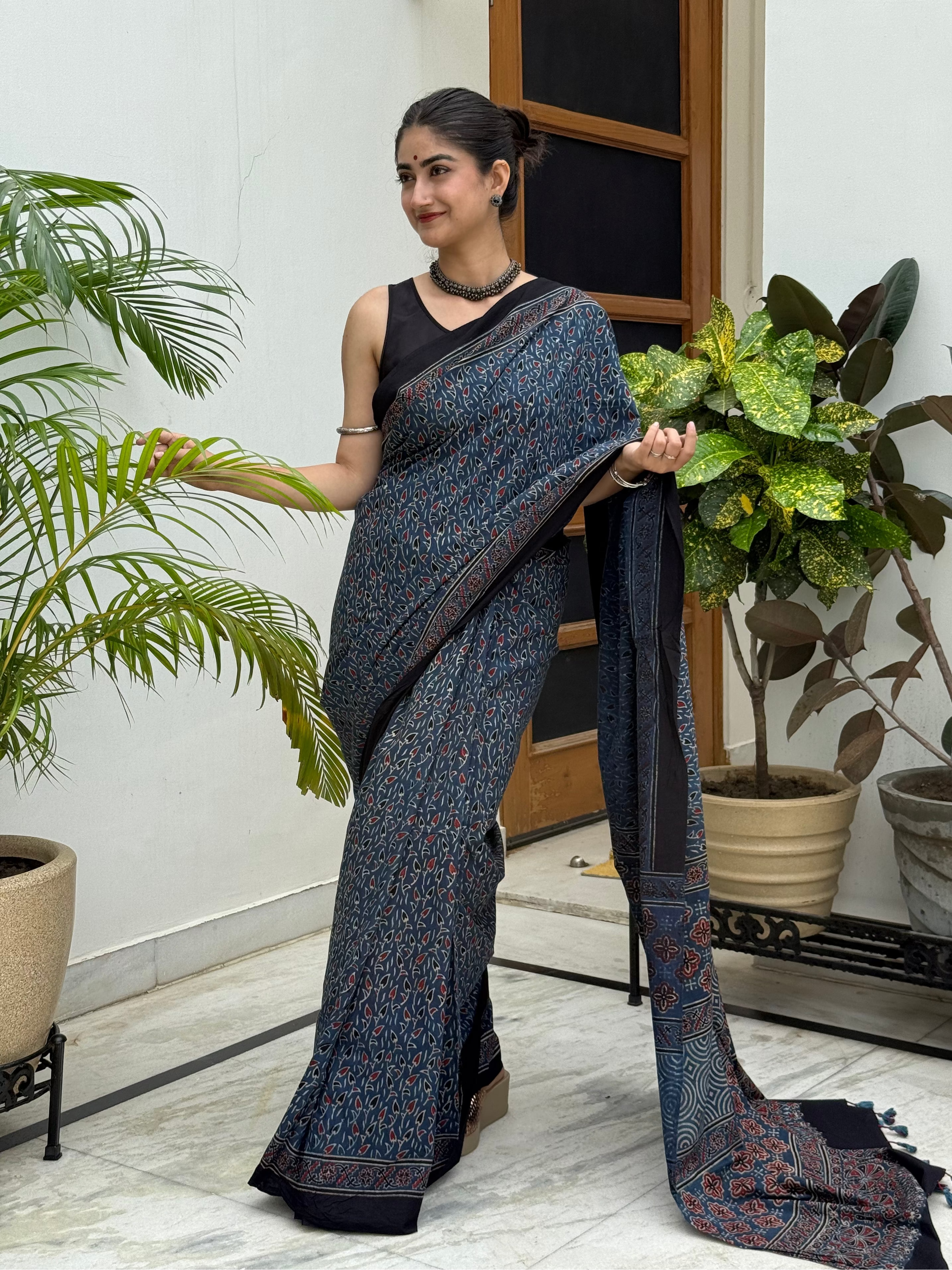 Authentic Handcrafted Indigo Ajrakh Saree for Everyday & Festive Wear
