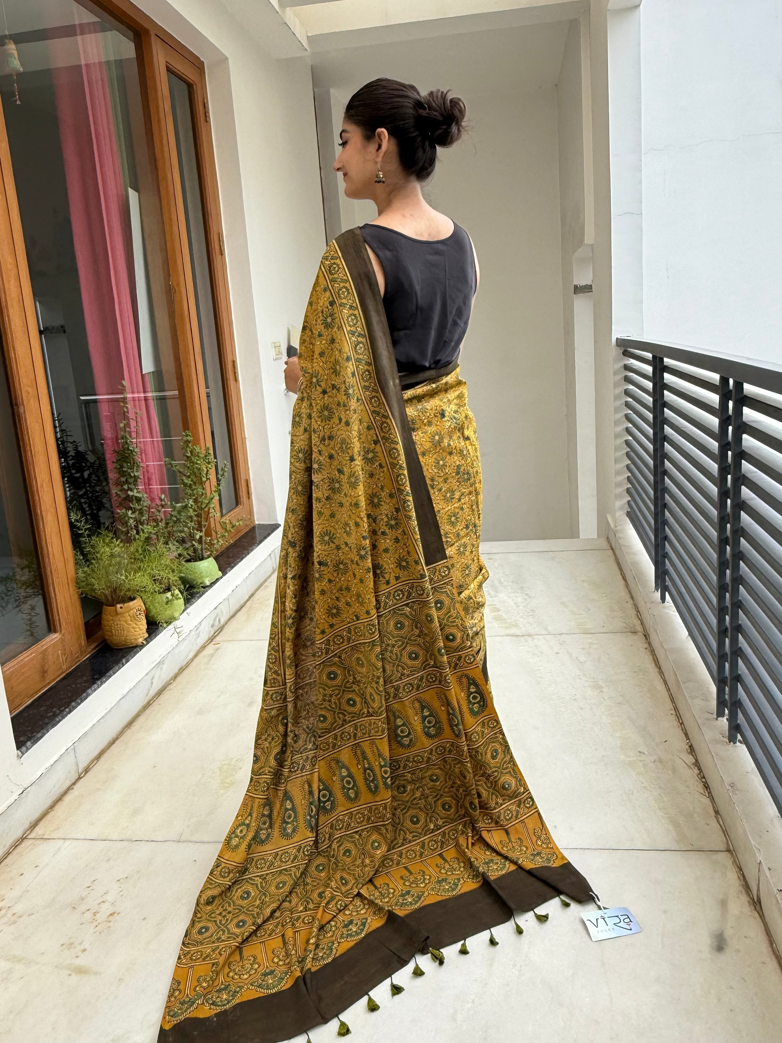 Close-up of print: Detailed Ajrakh Hand Block Print on Pure Cotton Saree
