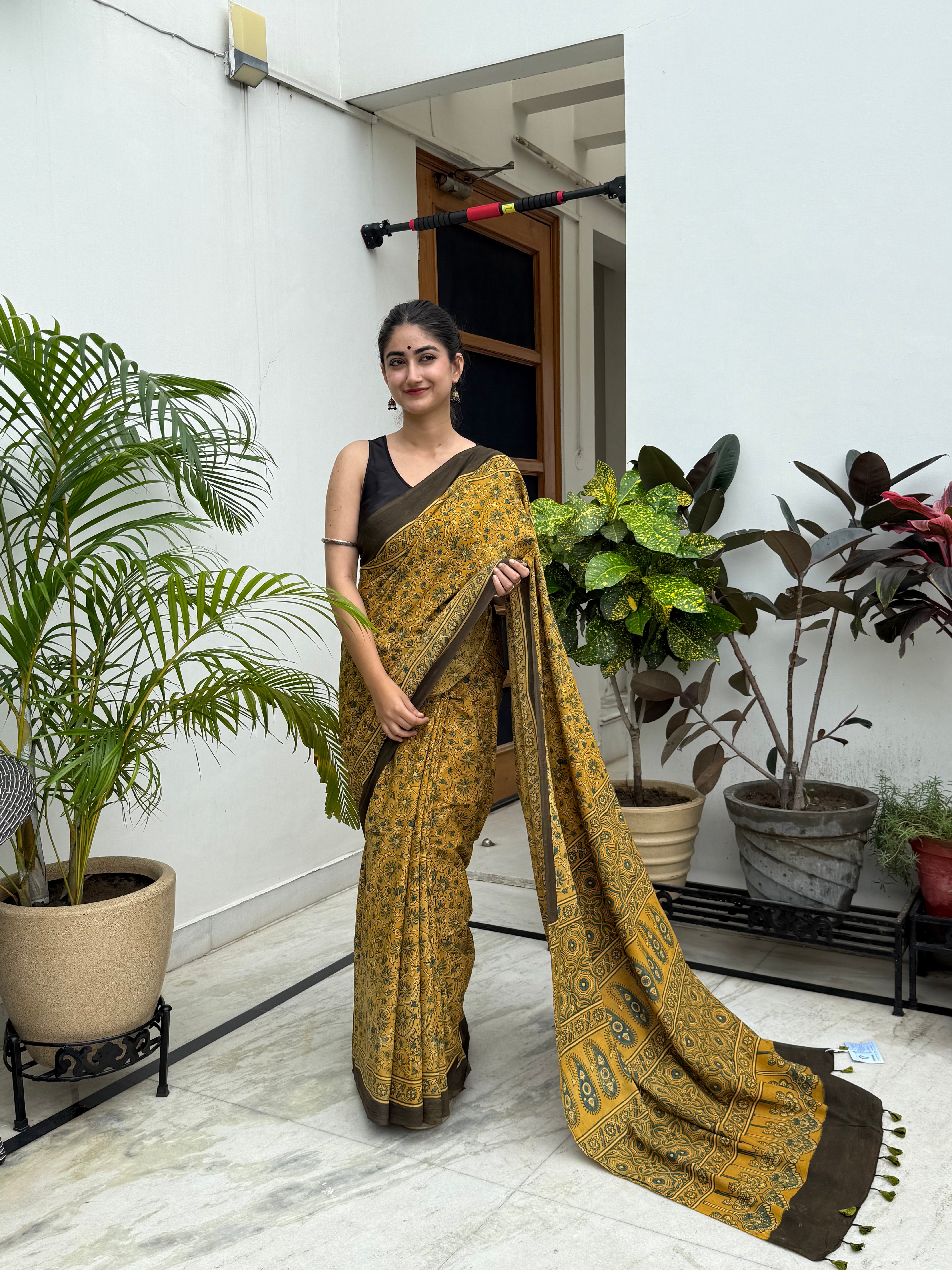 Earthy Mustad Pure Cotton Ajrakh Hand Block Saree - Authentic Handcrafted Cotton