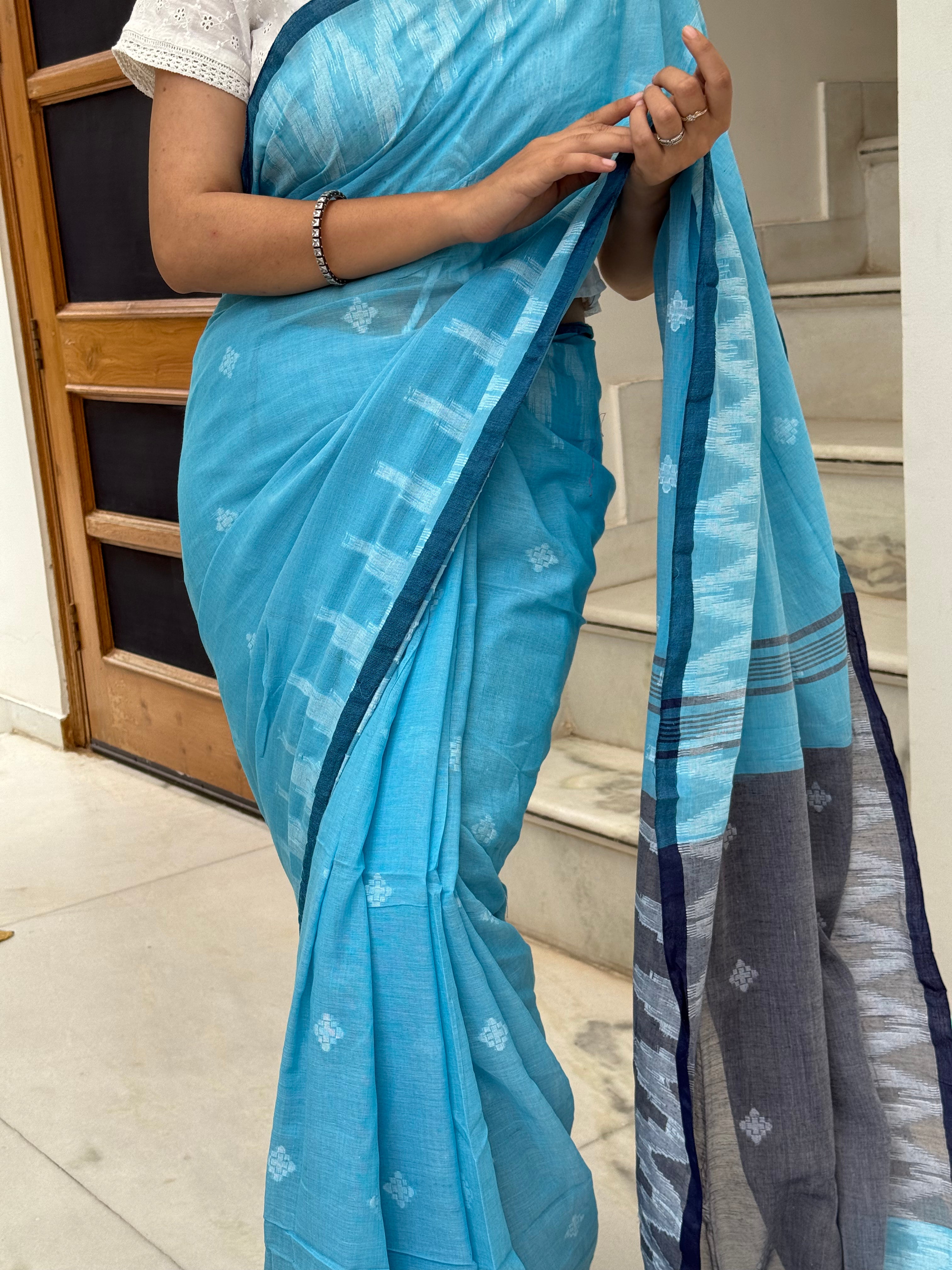 Detailed border weaving and buti motifs on sky blue cotton fabric
